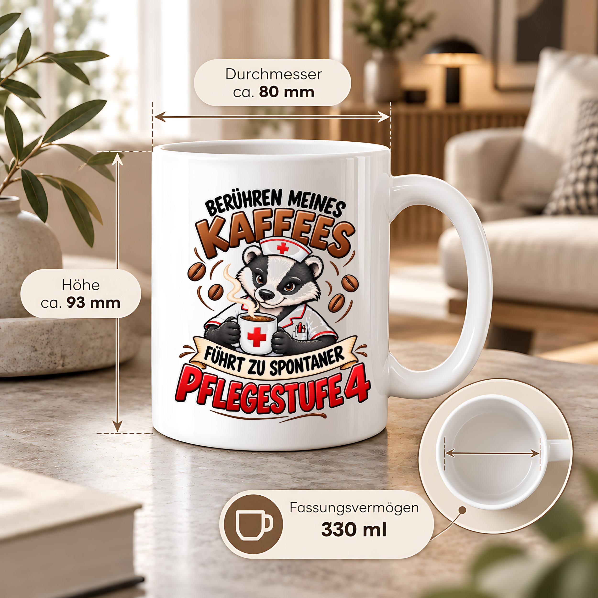 Herzbotschaft Tasse Pflege – Berühren meines Kaffees führt zu spontaner Pflegestufe 4, lustige Kaffeetasse für Pflegekräfte, Krankenschwester, Krankenpfleger und Pflegepersonal, witziges Geschenk für Kollegen, 330 ml Keramiktasse