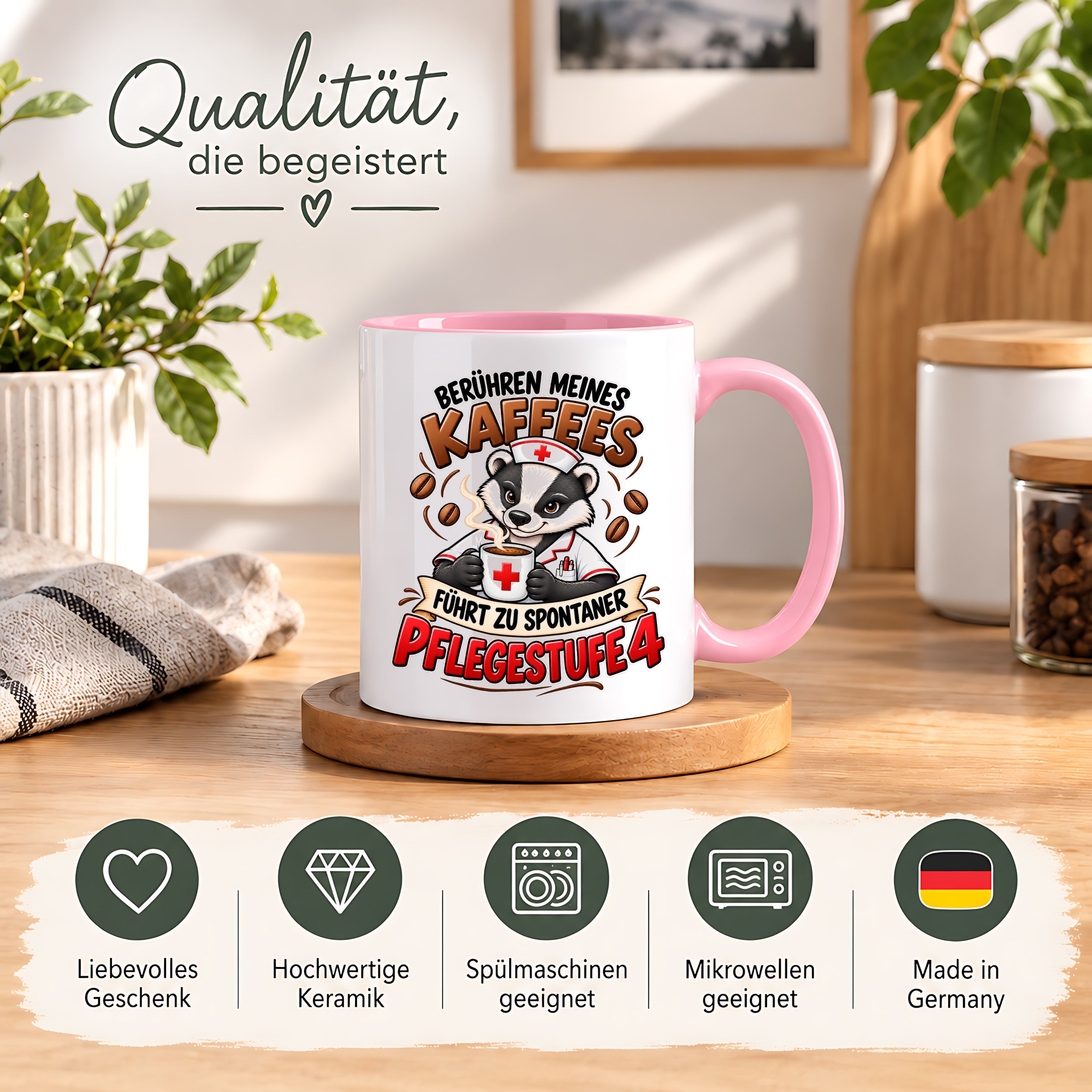 Herzbotschaft Tasse Pflege – Berühren meines Kaffees führt zu spontaner Pflegestufe 4, lustige Kaffeetasse für Pflegekräfte, Krankenschwester, Krankenpfleger und Pflegepersonal, witziges Geschenk für Kollegen, 330 ml Keramiktasse