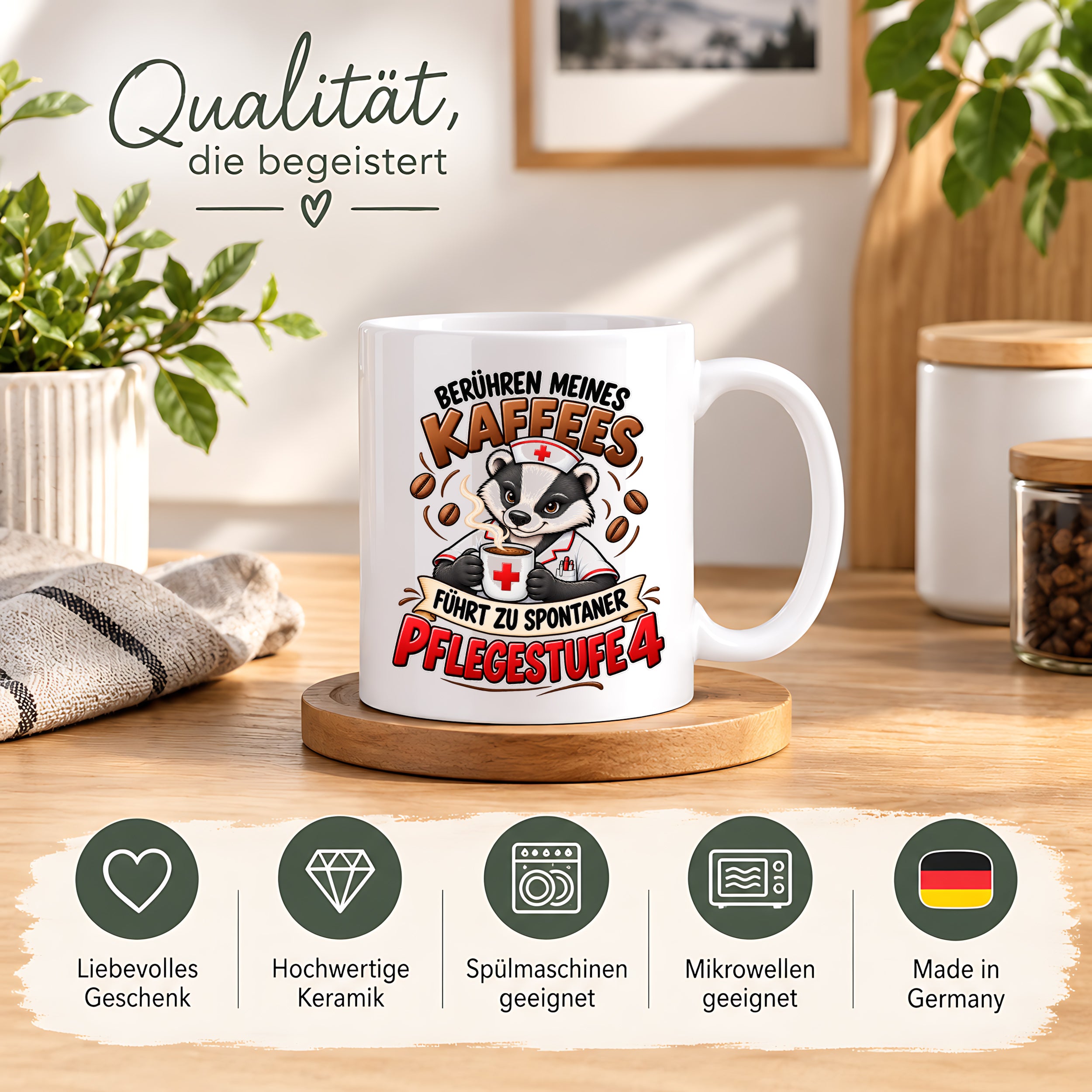Herzbotschaft Tasse Pflege – Berühren meines Kaffees führt zu spontaner Pflegestufe 4, lustige Kaffeetasse für Pflegekräfte, Krankenschwester, Krankenpfleger und Pflegepersonal, witziges Geschenk für Kollegen, 330 ml Keramiktasse