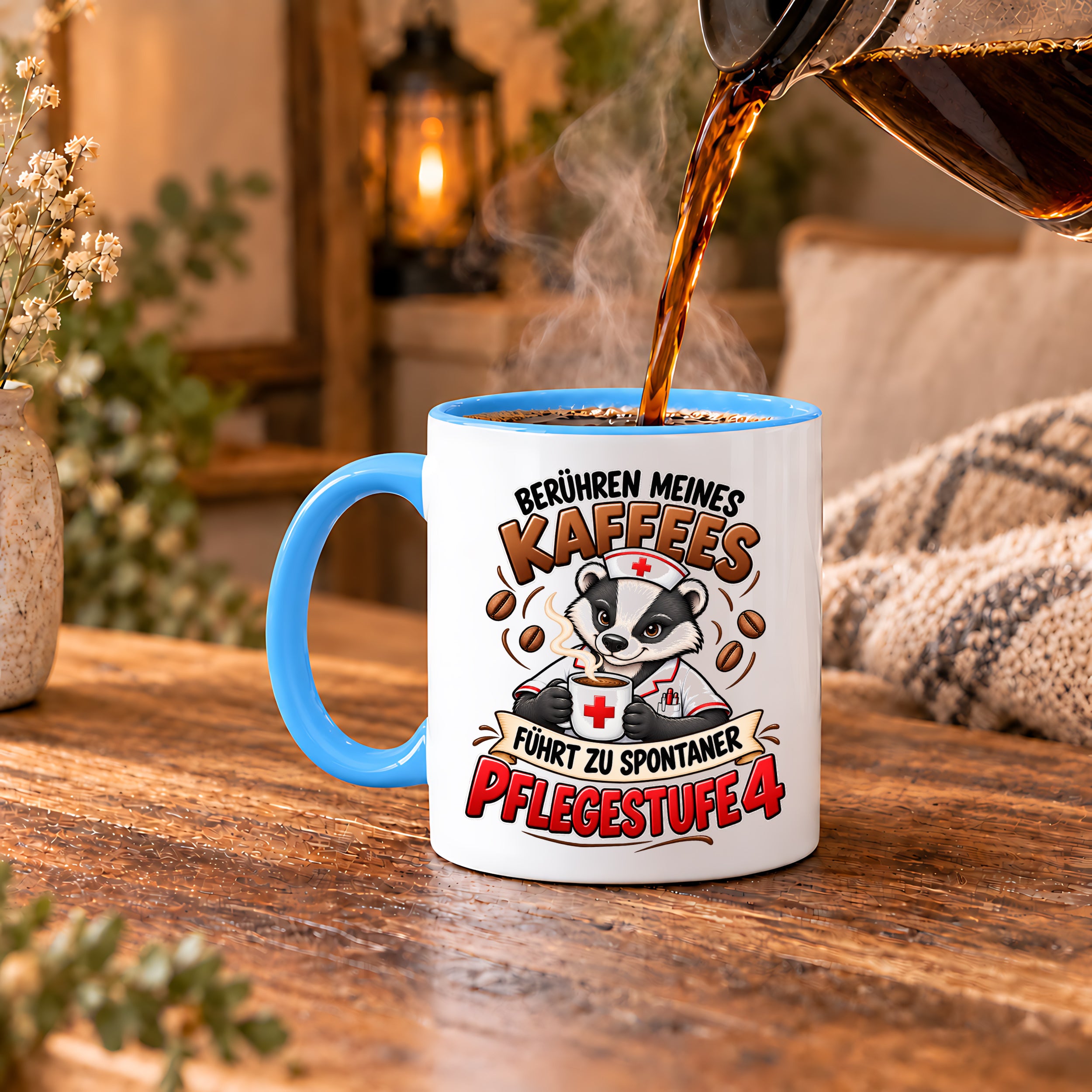 Herzbotschaft Tasse Pflege – Berühren meines Kaffees führt zu spontaner Pflegestufe 4, lustige Kaffeetasse für Pflegekräfte, Krankenschwester, Krankenpfleger und Pflegepersonal, witziges Geschenk für Kollegen, 330 ml Keramiktasse