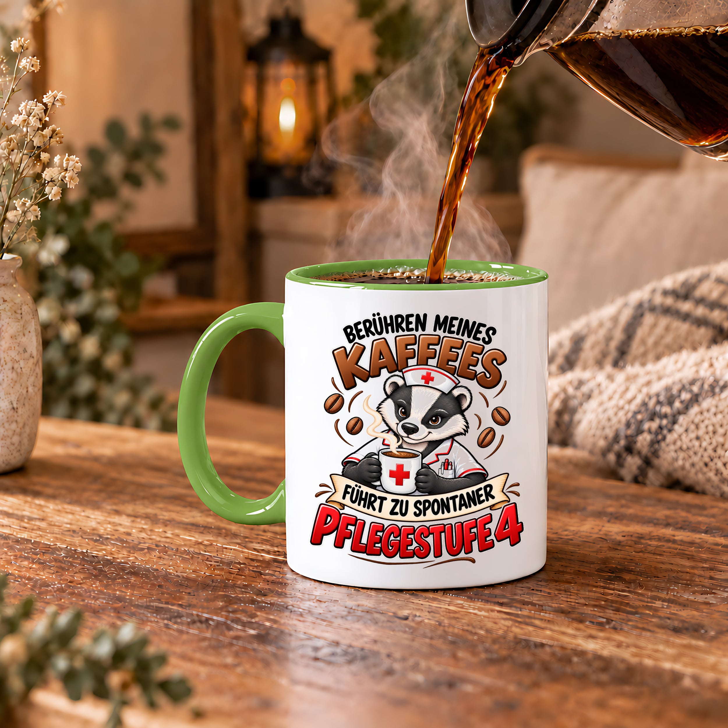 Herzbotschaft Tasse Pflege – Berühren meines Kaffees führt zu spontaner Pflegestufe 4, lustige Kaffeetasse für Pflegekräfte, Krankenschwester, Krankenpfleger und Pflegepersonal, witziges Geschenk für Kollegen, 330 ml Keramiktasse