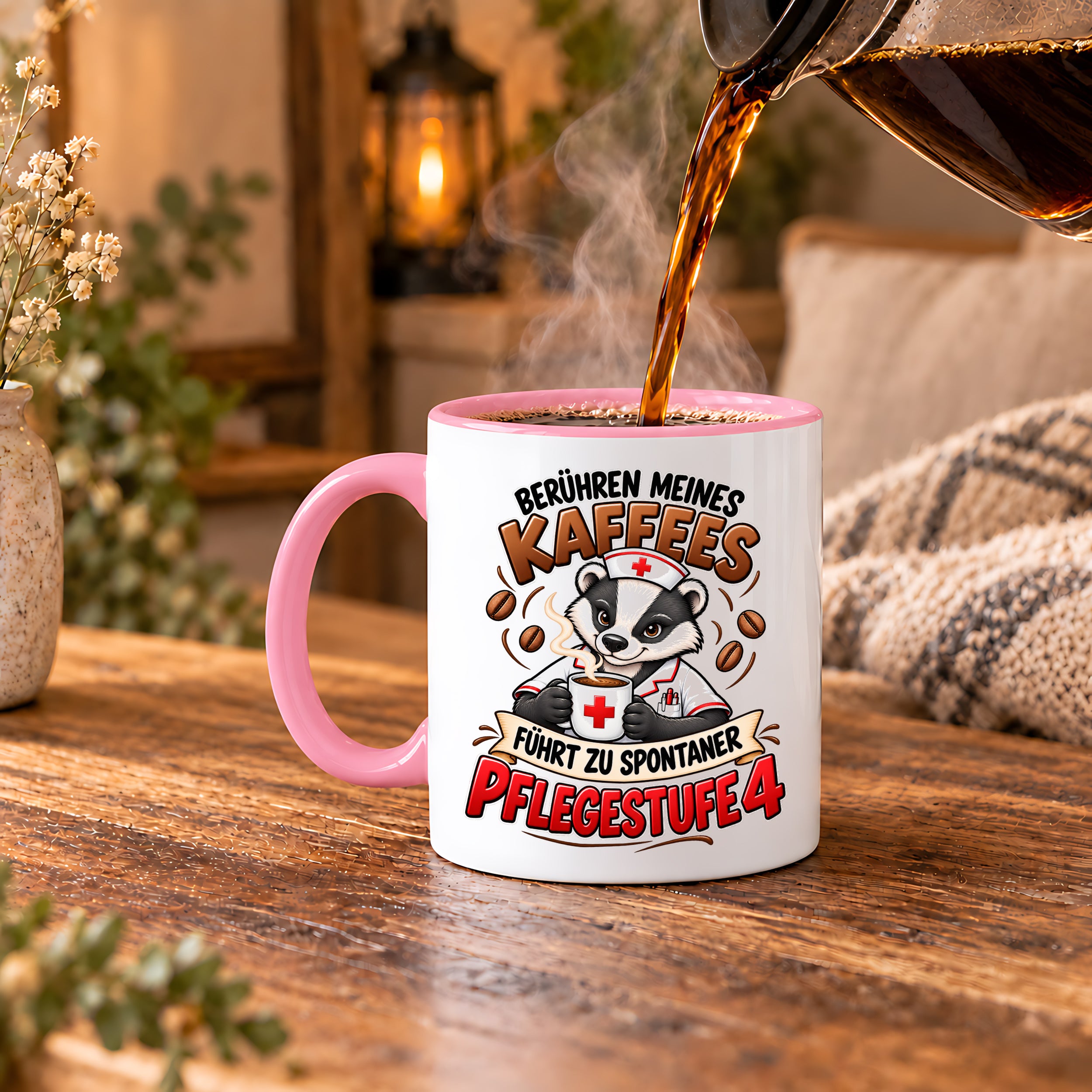 Herzbotschaft Tasse Pflege – Berühren meines Kaffees führt zu spontaner Pflegestufe 4, lustige Kaffeetasse für Pflegekräfte, Krankenschwester, Krankenpfleger und Pflegepersonal, witziges Geschenk für Kollegen, 330 ml Keramiktasse