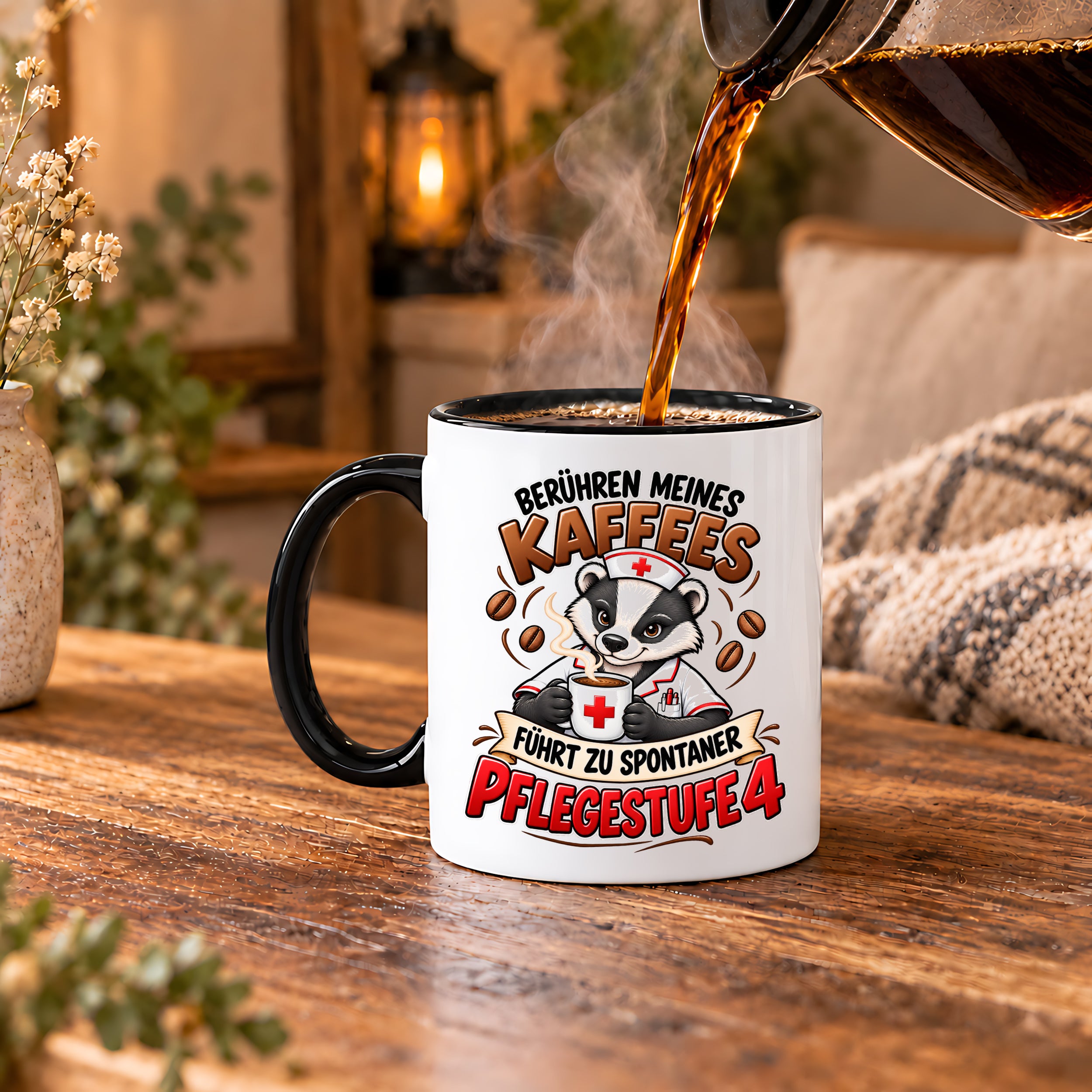 Herzbotschaft Tasse Pflege – Berühren meines Kaffees führt zu spontaner Pflegestufe 4, lustige Kaffeetasse für Pflegekräfte, Krankenschwester, Krankenpfleger und Pflegepersonal, witziges Geschenk für Kollegen, 330 ml Keramiktasse