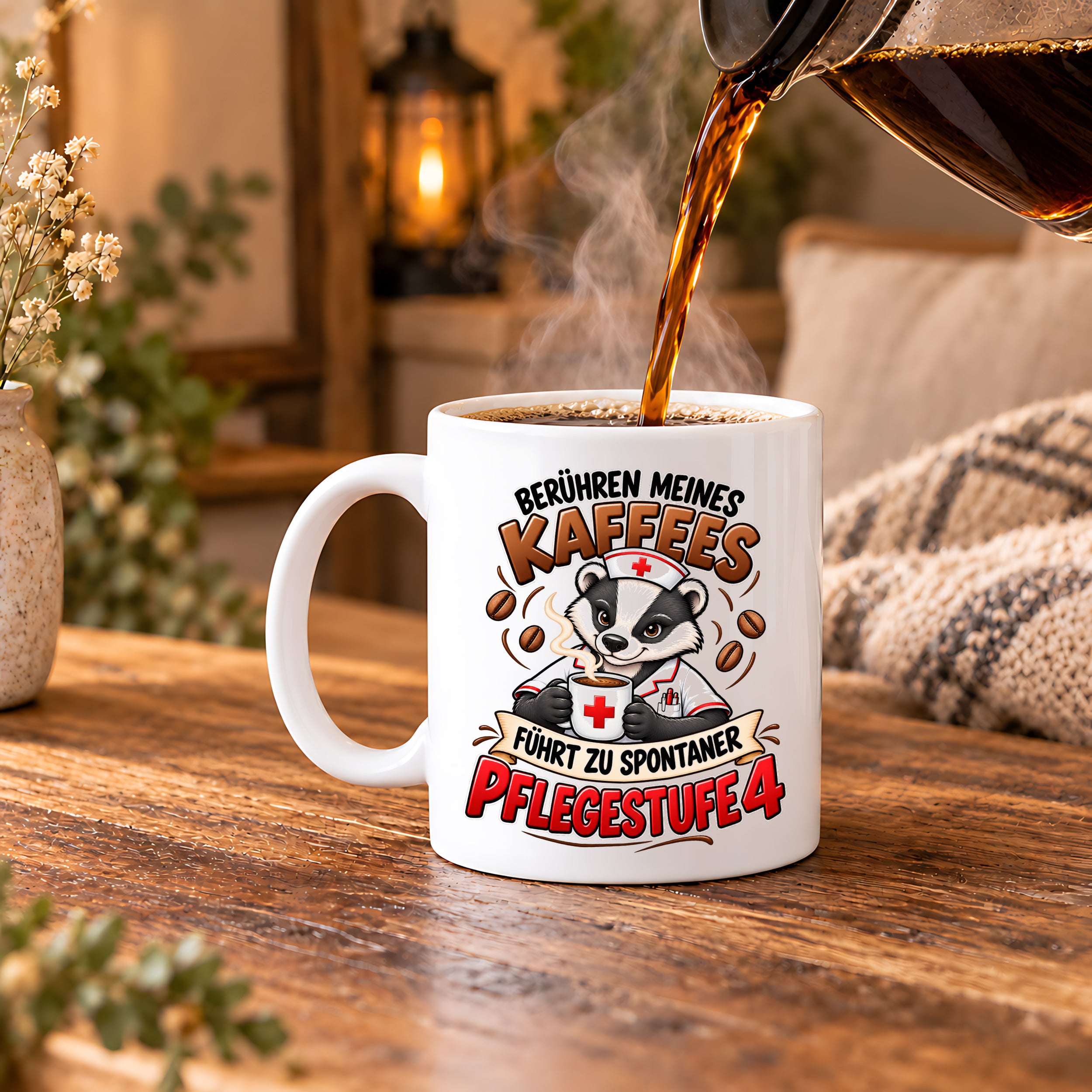 Herzbotschaft Tasse Pflege – Berühren meines Kaffees führt zu spontaner Pflegestufe 4, lustige Kaffeetasse für Pflegekräfte, Krankenschwester, Krankenpfleger und Pflegepersonal, witziges Geschenk für Kollegen, 330 ml Keramiktasse