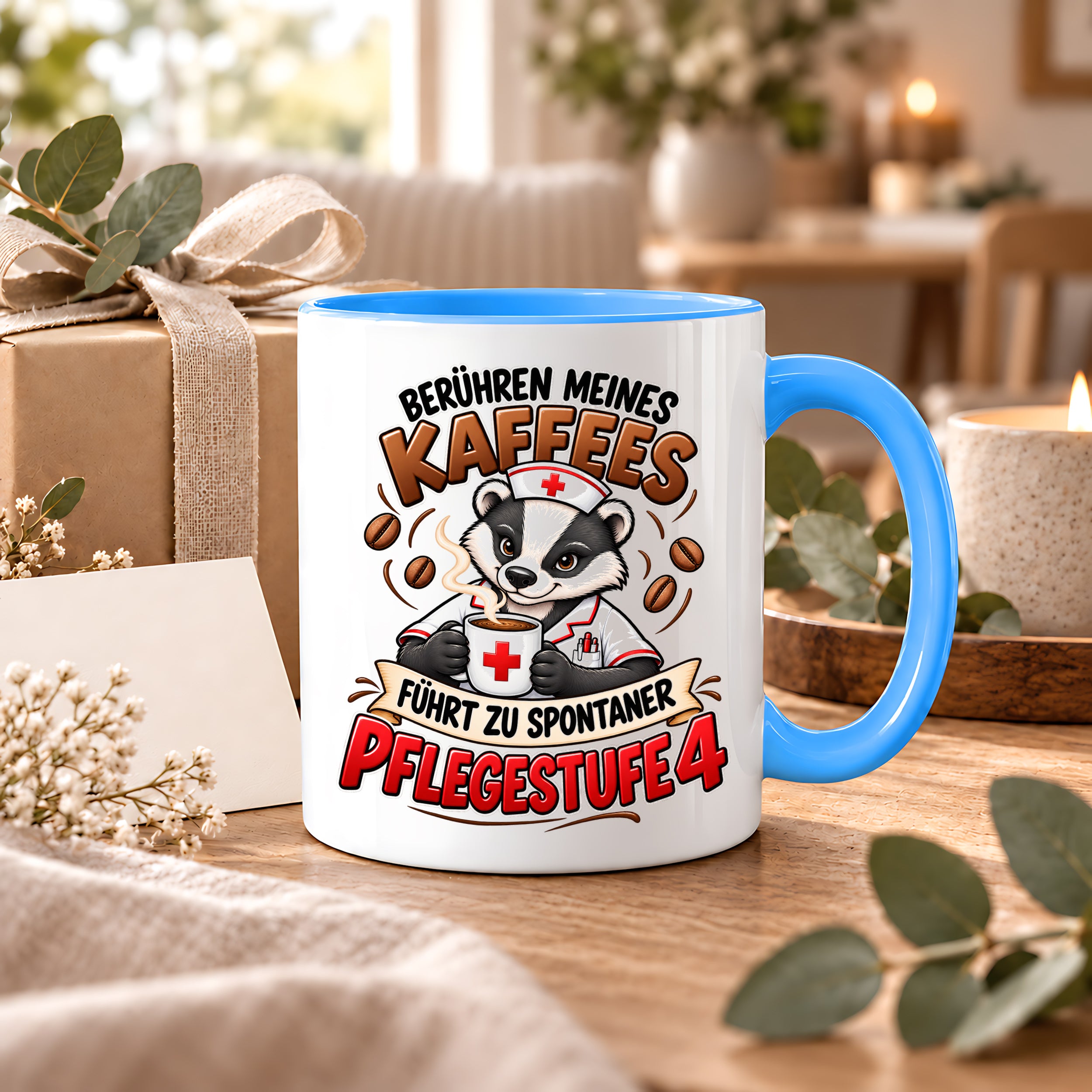 Herzbotschaft Tasse Pflege – Berühren meines Kaffees führt zu spontaner Pflegestufe 4, lustige Kaffeetasse für Pflegekräfte, Krankenschwester, Krankenpfleger und Pflegepersonal, witziges Geschenk für Kollegen, 330 ml Keramiktasse