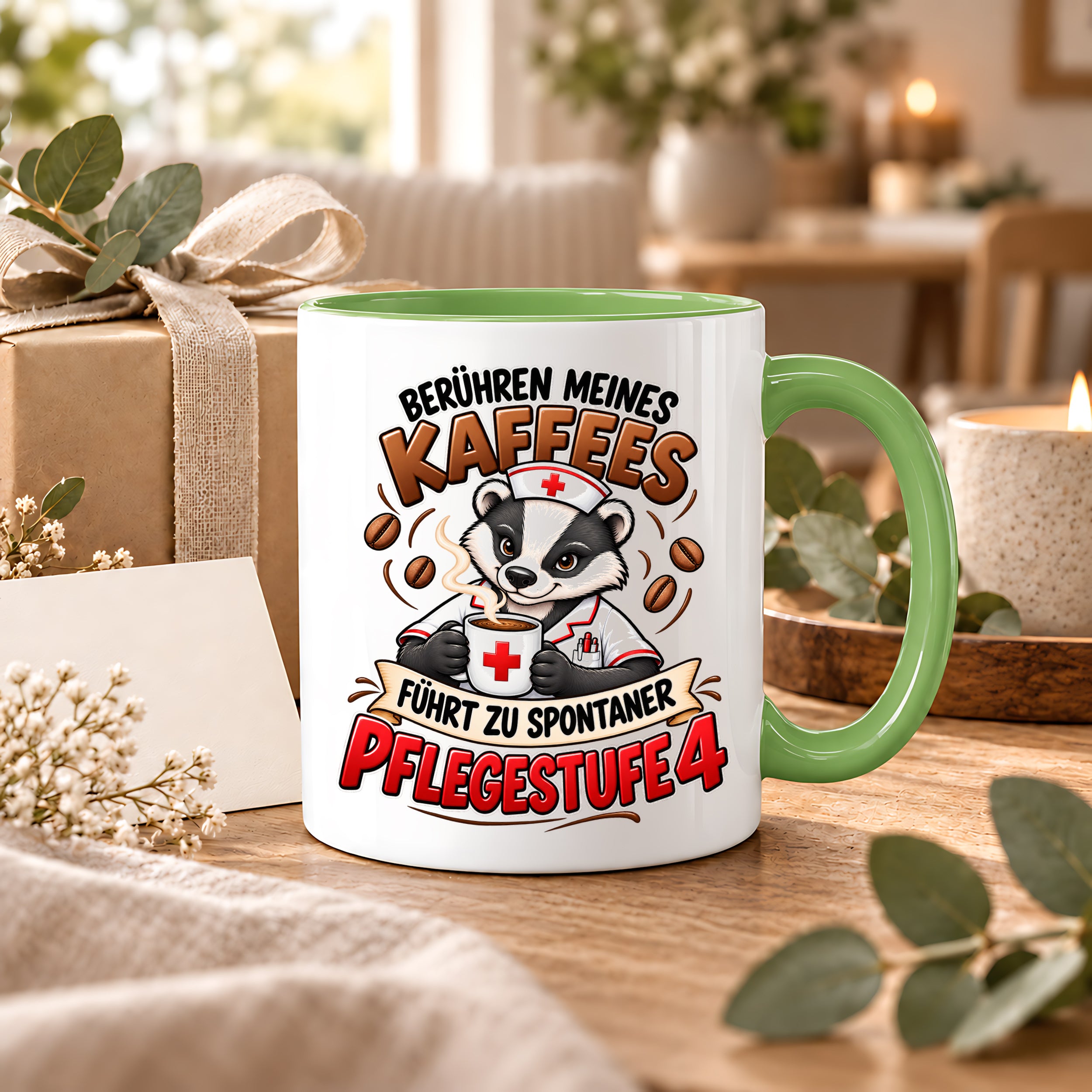 Herzbotschaft Tasse Pflege – Berühren meines Kaffees führt zu spontaner Pflegestufe 4, lustige Kaffeetasse für Pflegekräfte, Krankenschwester, Krankenpfleger und Pflegepersonal, witziges Geschenk für Kollegen, 330 ml Keramiktasse