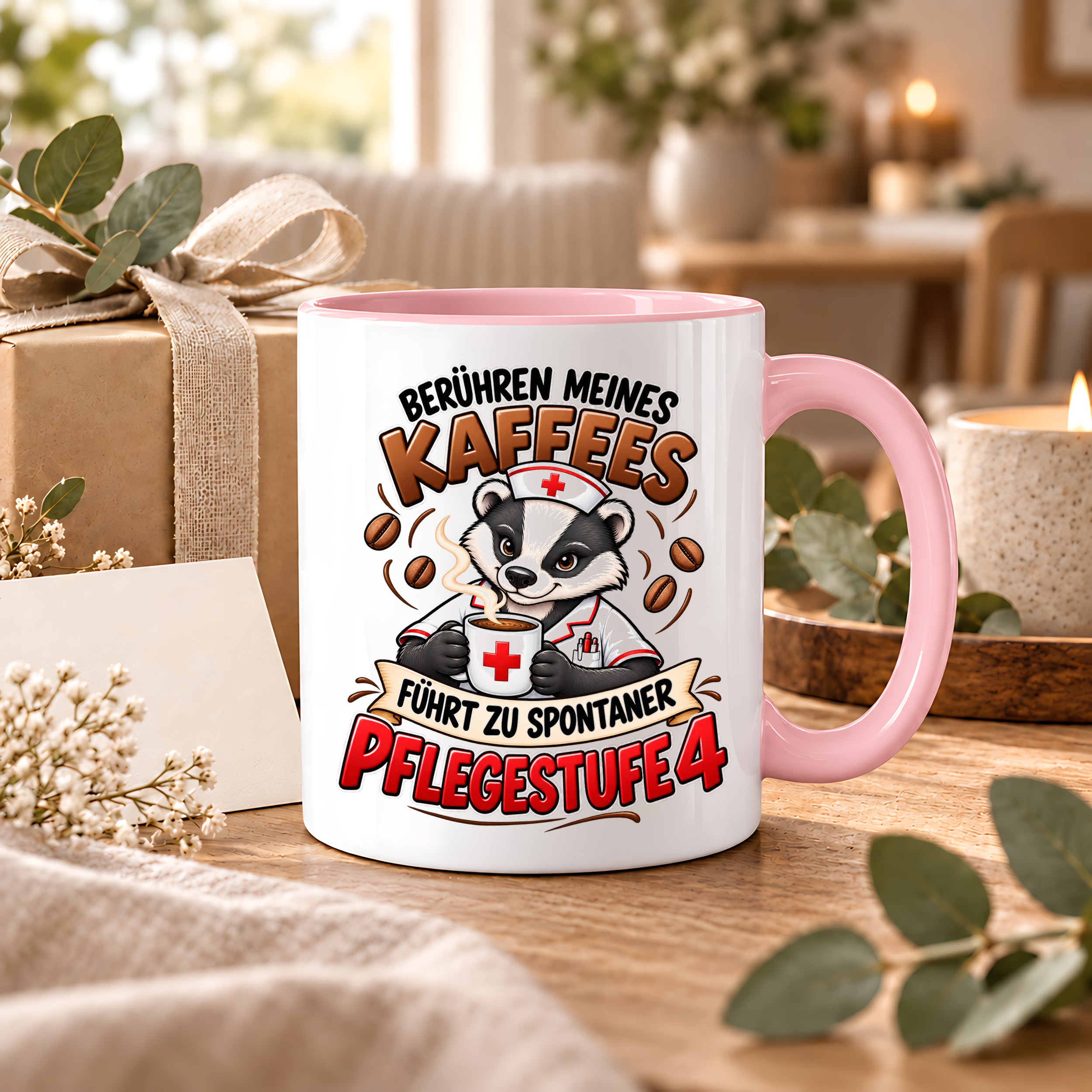 Herzbotschaft Tasse Pflege – Berühren meines Kaffees führt zu spontaner Pflegestufe 4, lustige Kaffeetasse für Pflegekräfte, Krankenschwester, Krankenpfleger und Pflegepersonal, witziges Geschenk für Kollegen, 330 ml Keramiktasse