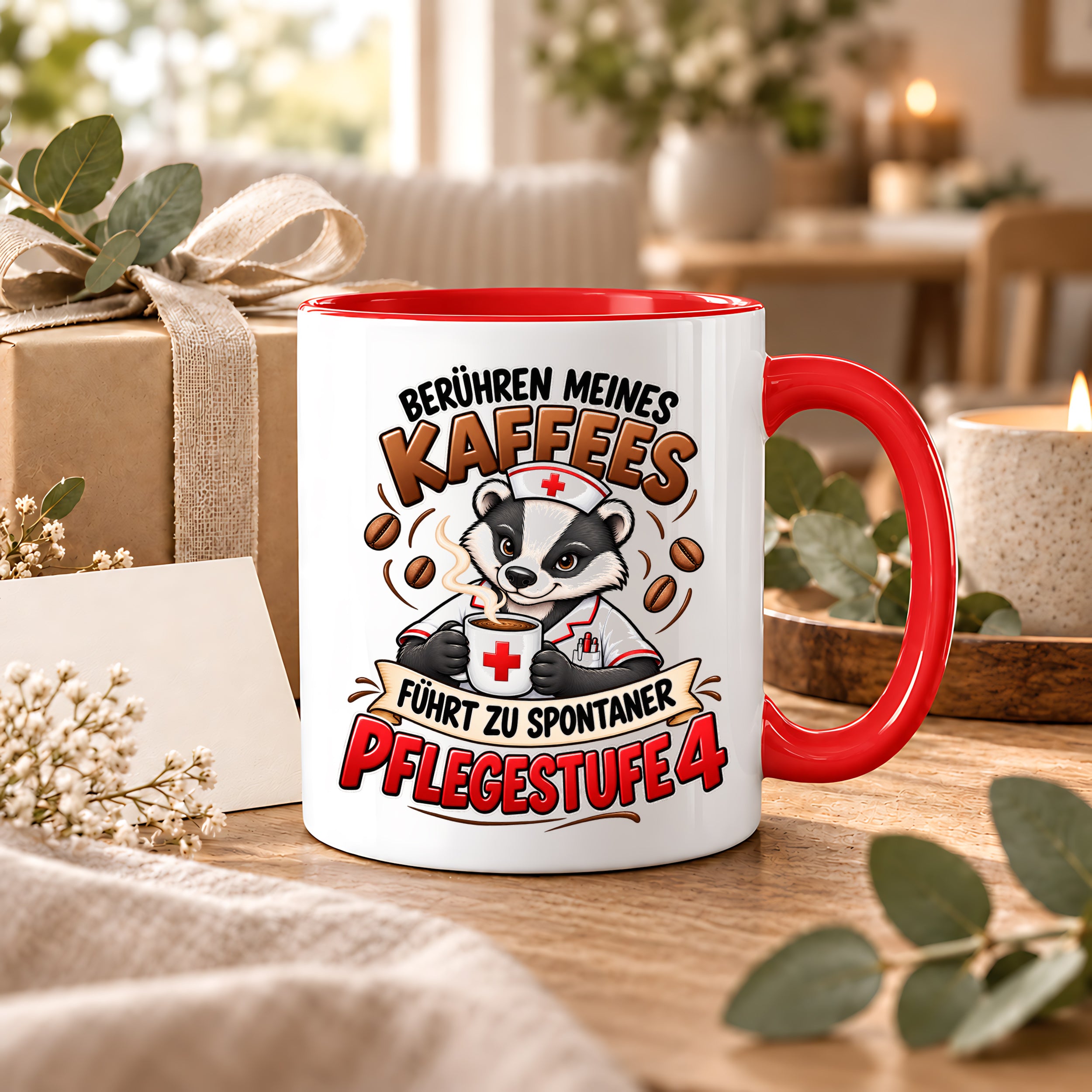 Herzbotschaft Tasse Pflege – Berühren meines Kaffees führt zu spontaner Pflegestufe 4, lustige Kaffeetasse für Pflegekräfte, Krankenschwester, Krankenpfleger und Pflegepersonal, witziges Geschenk für Kollegen, 330 ml Keramiktasse