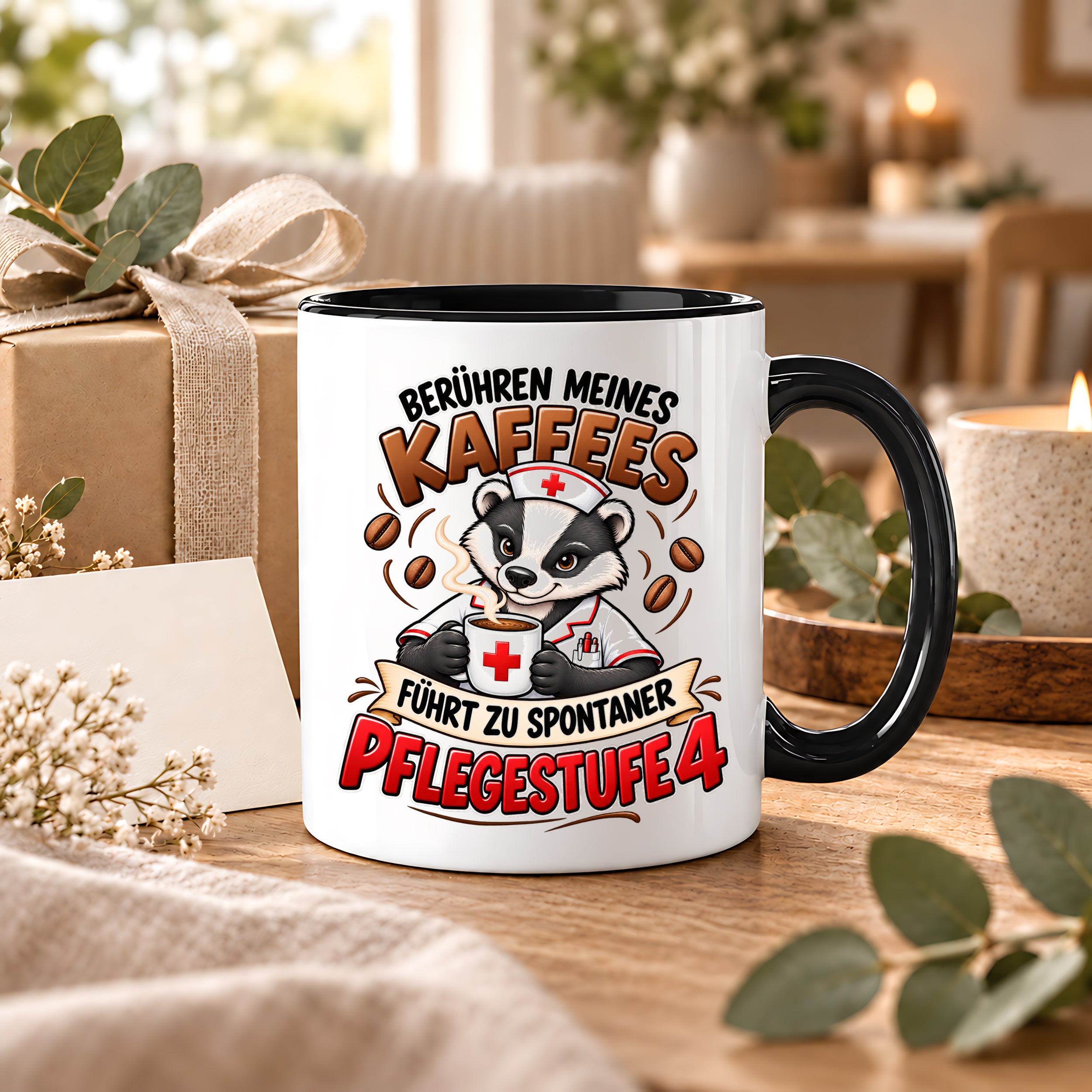Herzbotschaft Tasse Pflege – Berühren meines Kaffees führt zu spontaner Pflegestufe 4, lustige Kaffeetasse für Pflegekräfte, Krankenschwester, Krankenpfleger und Pflegepersonal, witziges Geschenk für Kollegen, 330 ml Keramiktasse