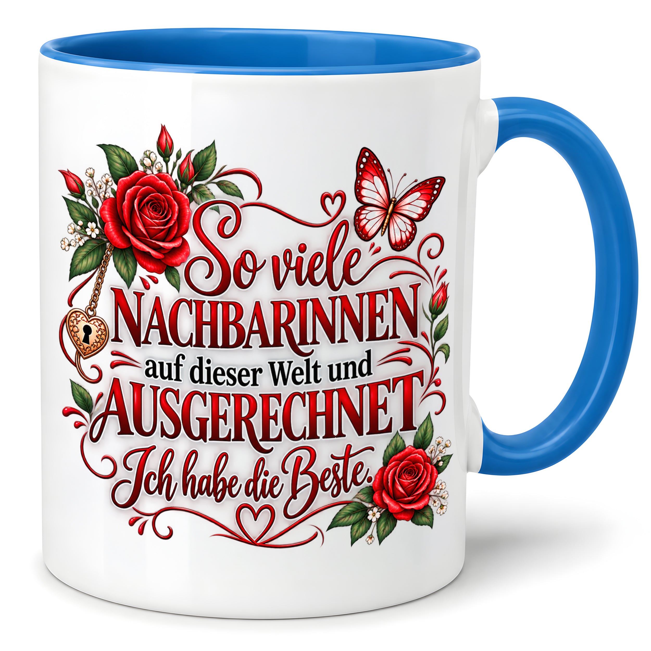 Herzbotschaft Tasse Nachbarin – So viele Nachbarinnen auf dieser Welt und ausgerechnet ich habe die Beste – liebevolles Geschenk für Nachbarin, Dankeschön, Geburtstag, Weihnachten, Einzug oder Abschied – 330 ml Keramiktasse