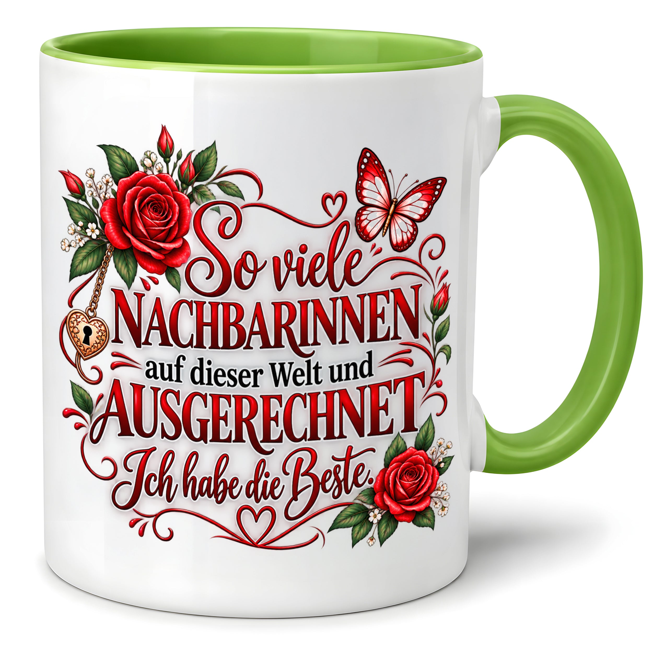 Herzbotschaft Tasse Nachbarin – So viele Nachbarinnen auf dieser Welt und ausgerechnet ich habe die Beste – liebevolles Geschenk für Nachbarin, Dankeschön, Geburtstag, Weihnachten, Einzug oder Abschied – 330 ml Keramiktasse