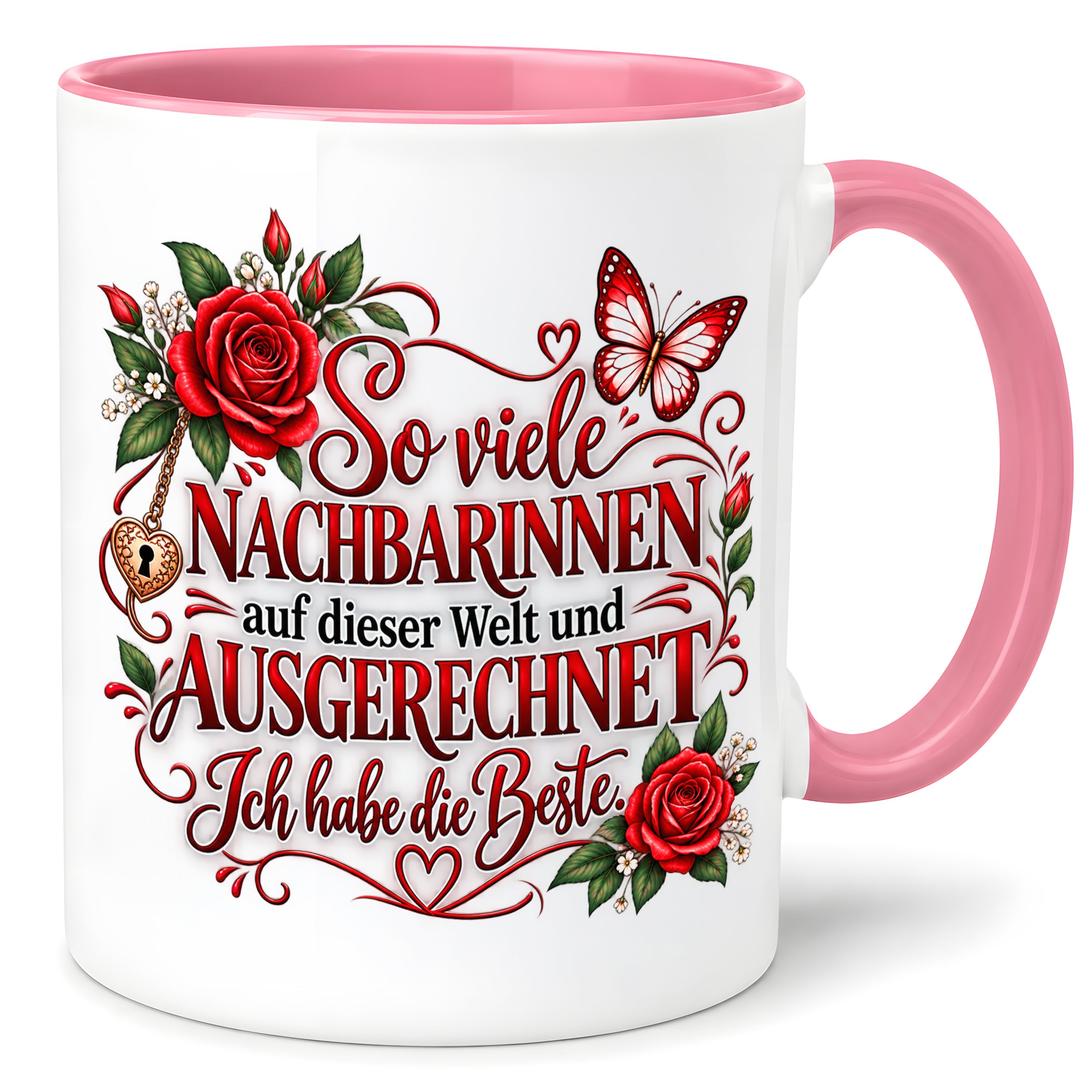 Herzbotschaft Tasse Nachbarin – So viele Nachbarinnen auf dieser Welt und ausgerechnet ich habe die Beste – liebevolles Geschenk für Nachbarin, Dankeschön, Geburtstag, Weihnachten, Einzug oder Abschied – 330 ml Keramiktasse