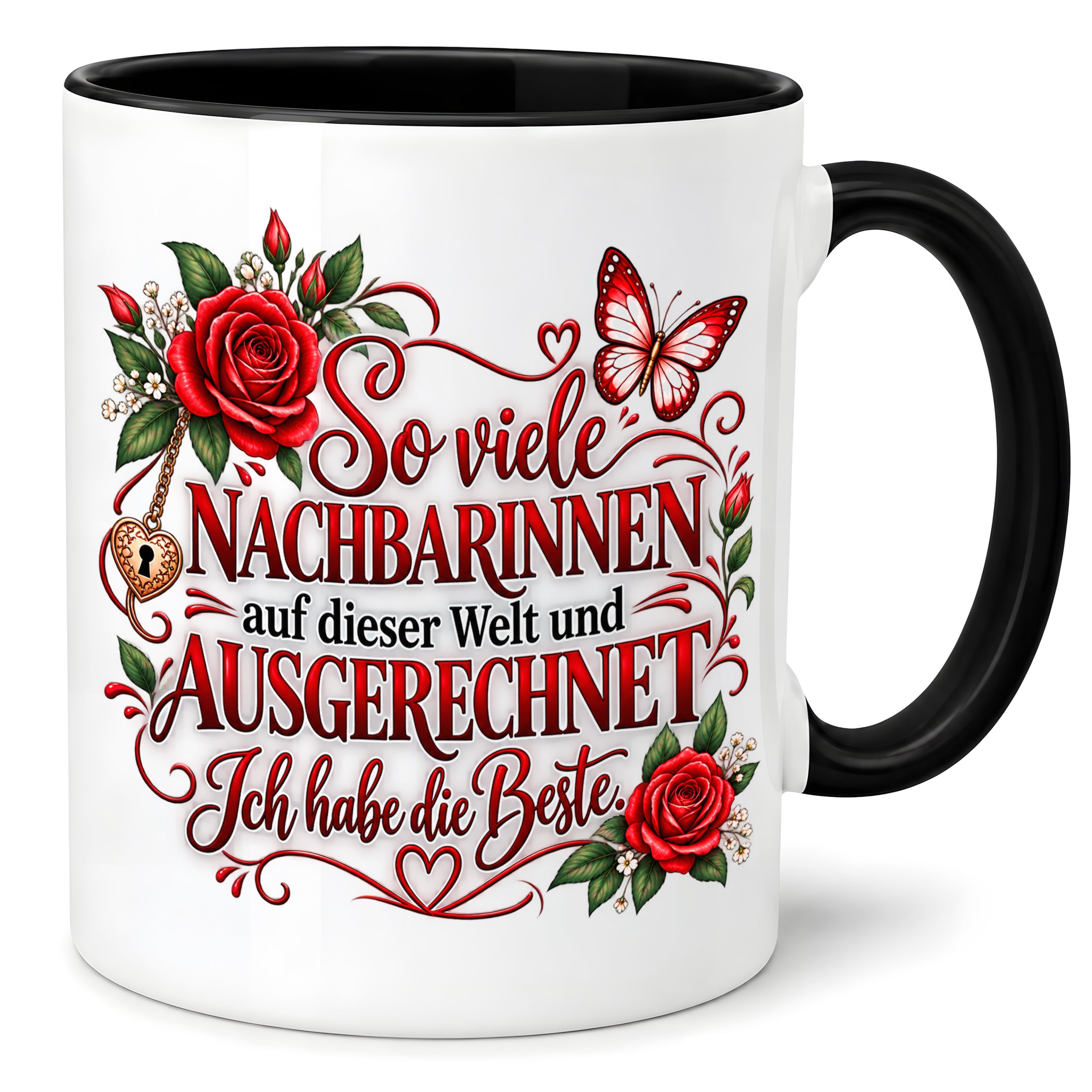 Herzbotschaft Tasse Nachbarin – So viele Nachbarinnen auf dieser Welt und ausgerechnet ich habe die Beste – liebevolles Geschenk für Nachbarin, Dankeschön, Geburtstag, Weihnachten, Einzug oder Abschied – 330 ml Keramiktasse