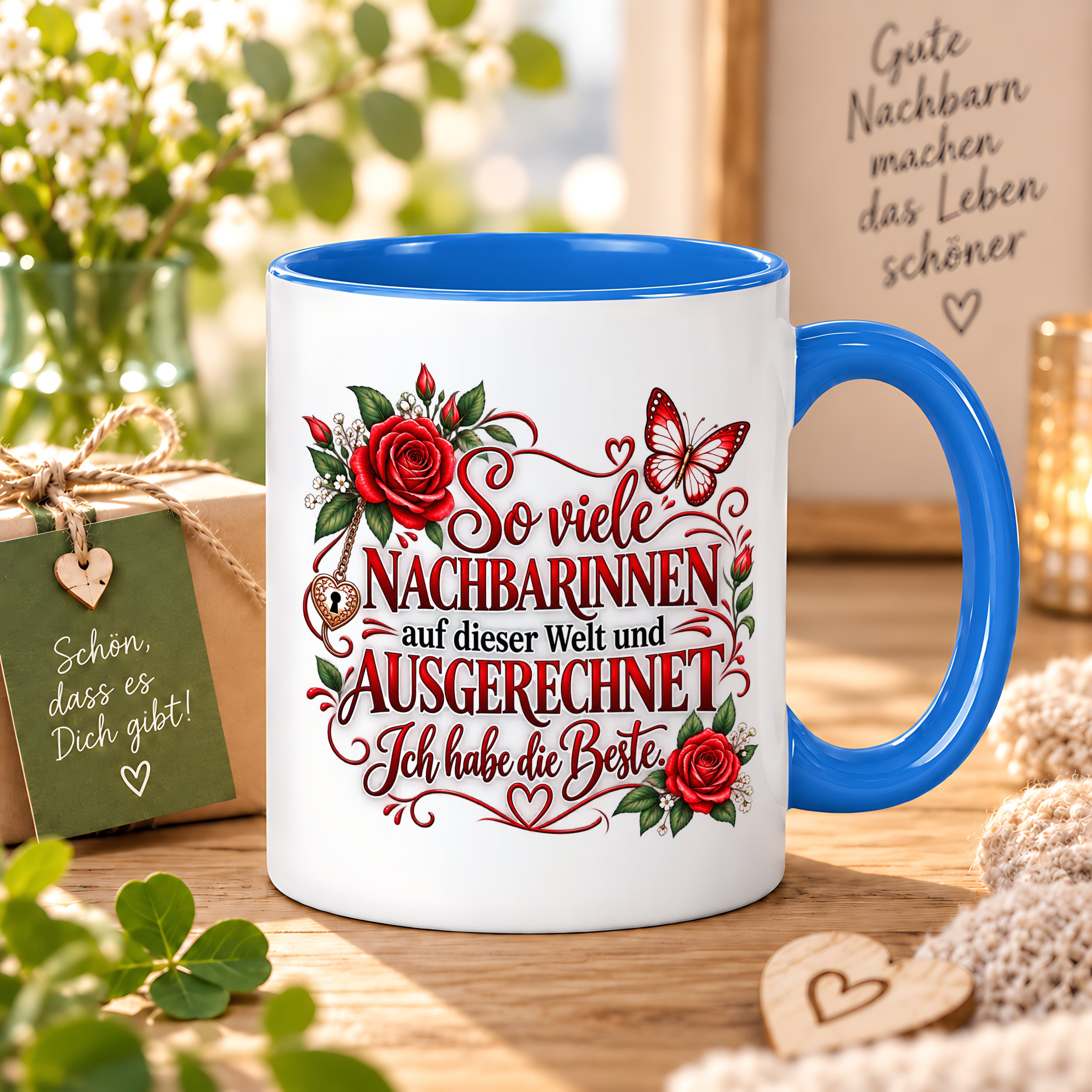 Herzbotschaft Tasse Nachbarin – So viele Nachbarinnen auf dieser Welt und ausgerechnet ich habe die Beste – liebevolles Geschenk für Nachbarin, Dankeschön, Geburtstag, Weihnachten, Einzug oder Abschied – 330 ml Keramiktasse