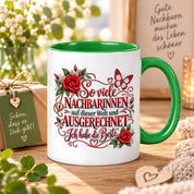 Herzbotschaft Tasse Nachbarin – So viele Nachbarinnen auf dieser Welt und ausgerechnet ich habe die Beste – liebevolles Geschenk für Nachbarin, Dankeschön, Geburtstag, Weihnachten, Einzug oder Abschied – 330 ml Keramiktasse