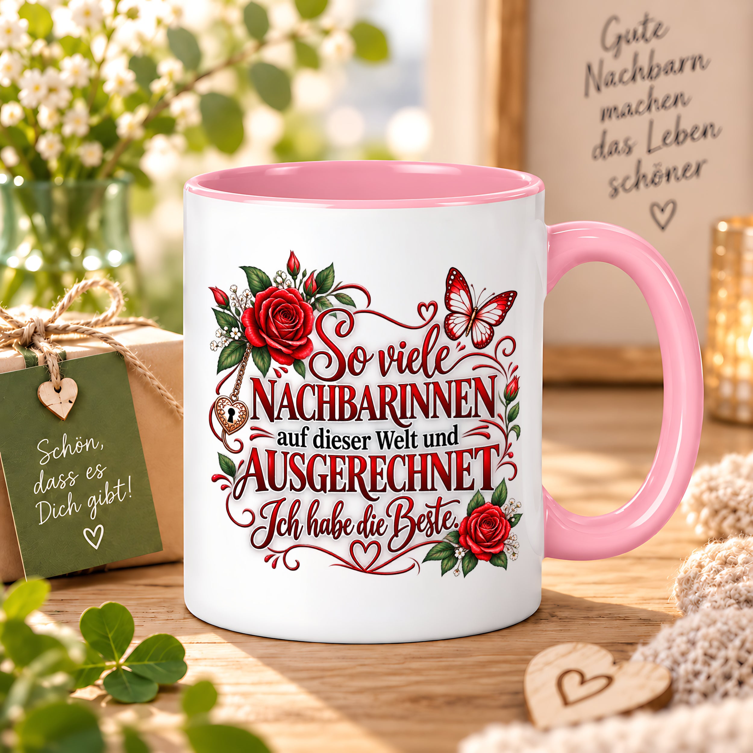 Herzbotschaft Tasse Nachbarin – So viele Nachbarinnen auf dieser Welt und ausgerechnet ich habe die Beste – liebevolles Geschenk für Nachbarin, Dankeschön, Geburtstag, Weihnachten, Einzug oder Abschied – 330 ml Keramiktasse