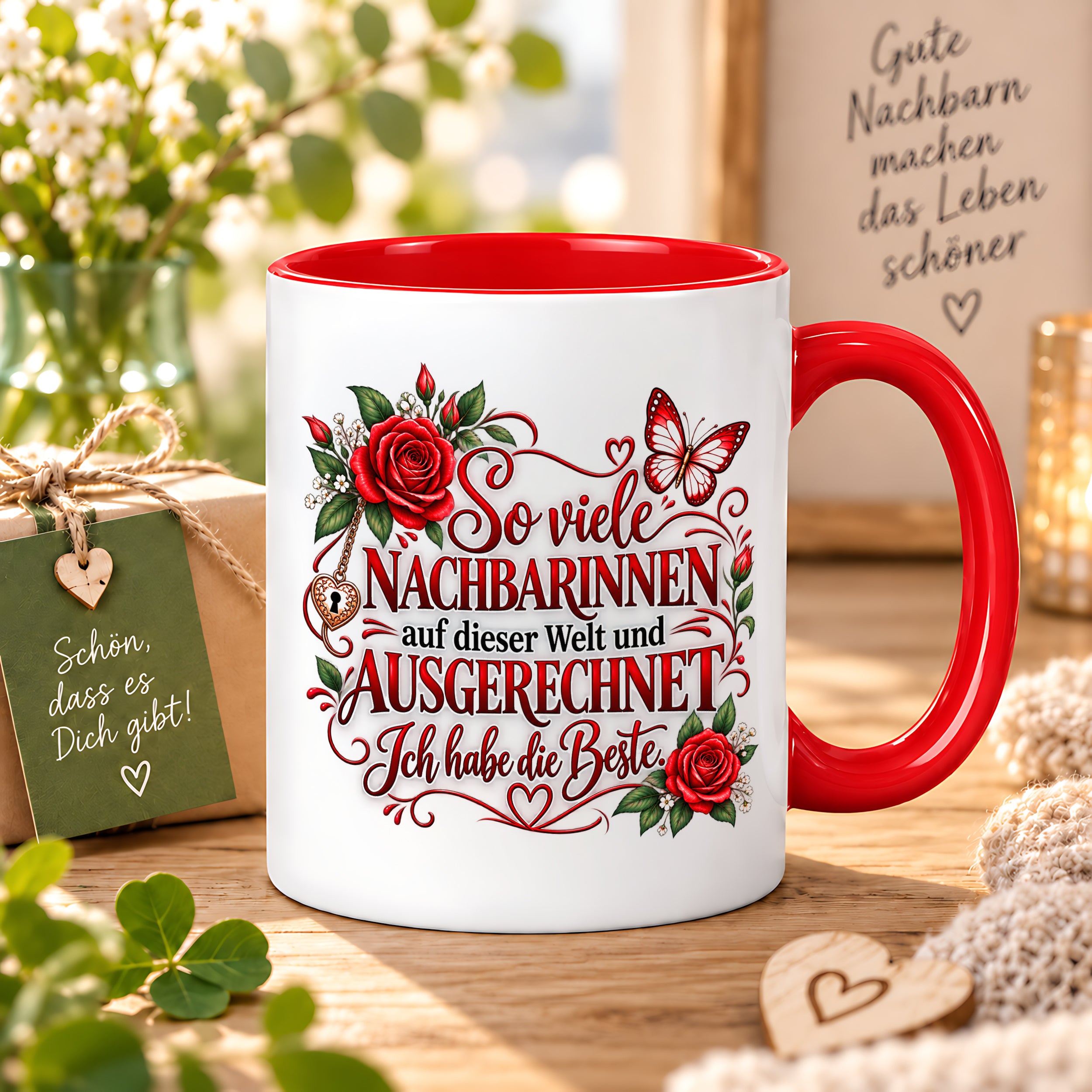 Herzbotschaft Tasse Nachbarin – So viele Nachbarinnen auf dieser Welt und ausgerechnet ich habe die Beste – liebevolles Geschenk für Nachbarin, Dankeschön, Geburtstag, Weihnachten, Einzug oder Abschied – 330 ml Keramiktasse