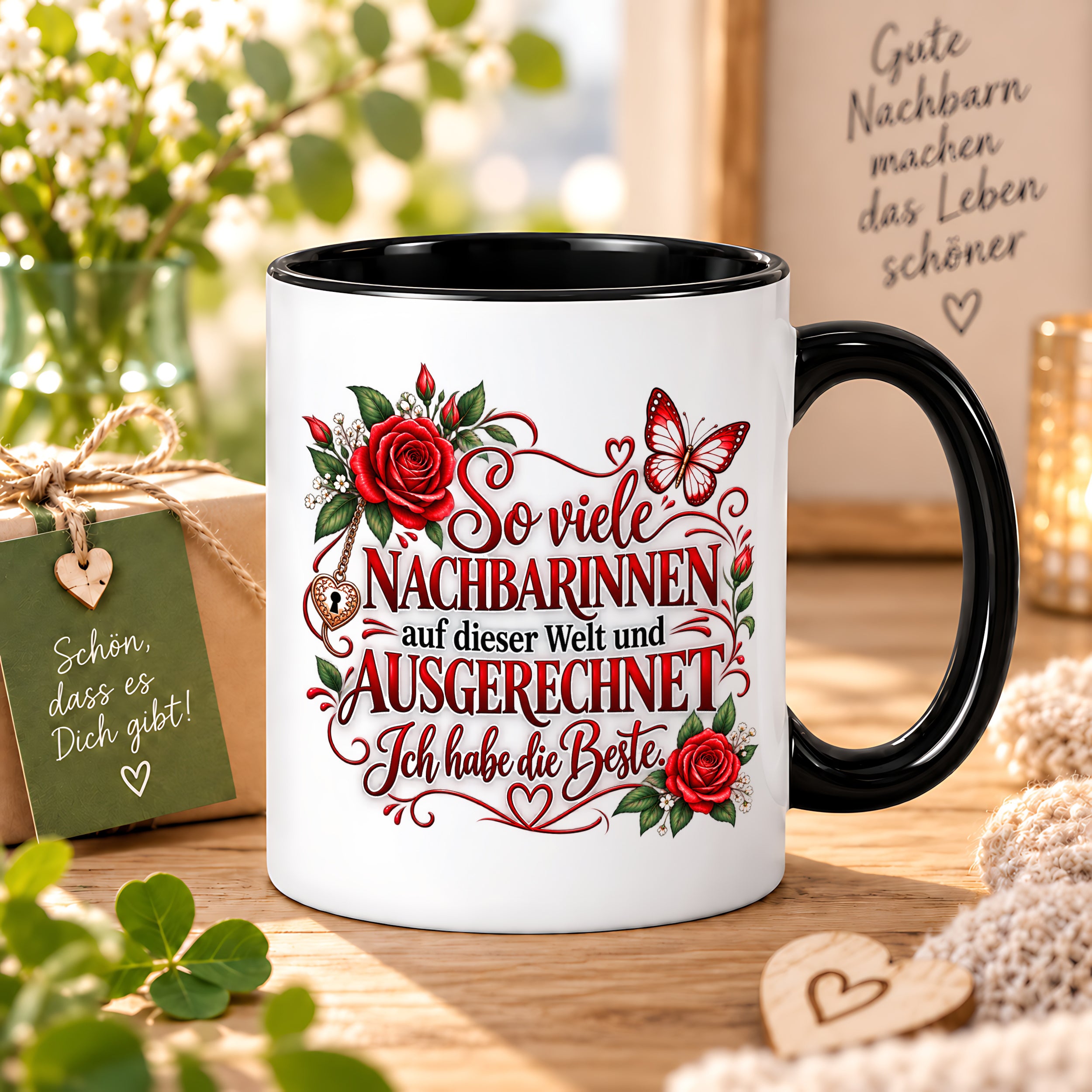 Herzbotschaft Tasse Nachbarin – So viele Nachbarinnen auf dieser Welt und ausgerechnet ich habe die Beste – liebevolles Geschenk für Nachbarin, Dankeschön, Geburtstag, Weihnachten, Einzug oder Abschied – 330 ml Keramiktasse