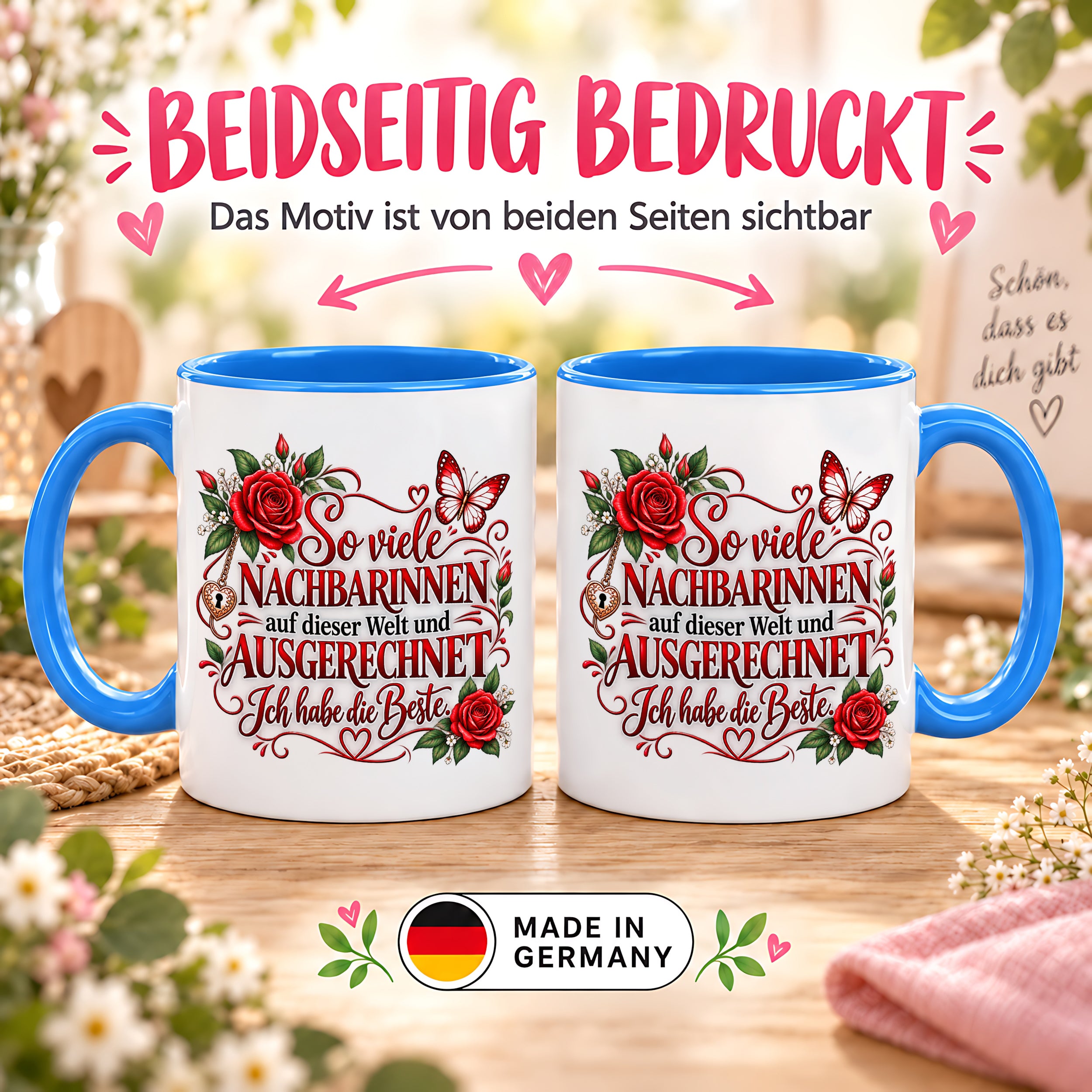Herzbotschaft Tasse Nachbarin – So viele Nachbarinnen auf dieser Welt und ausgerechnet ich habe die Beste – liebevolles Geschenk für Nachbarin, Dankeschön, Geburtstag, Weihnachten, Einzug oder Abschied – 330 ml Keramiktasse
