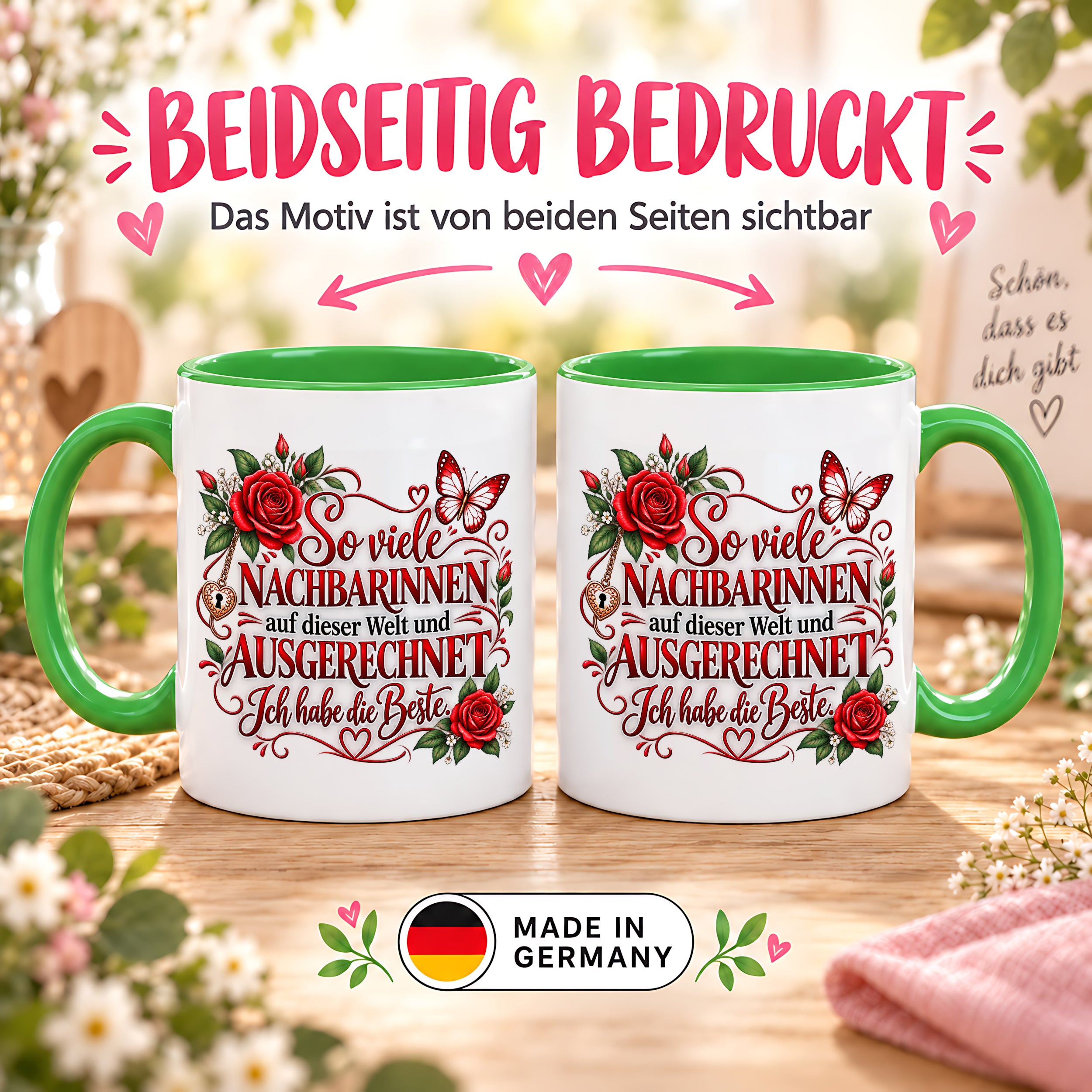 Herzbotschaft Tasse Nachbarin – So viele Nachbarinnen auf dieser Welt und ausgerechnet ich habe die Beste – liebevolles Geschenk für Nachbarin, Dankeschön, Geburtstag, Weihnachten, Einzug oder Abschied – 330 ml Keramiktasse