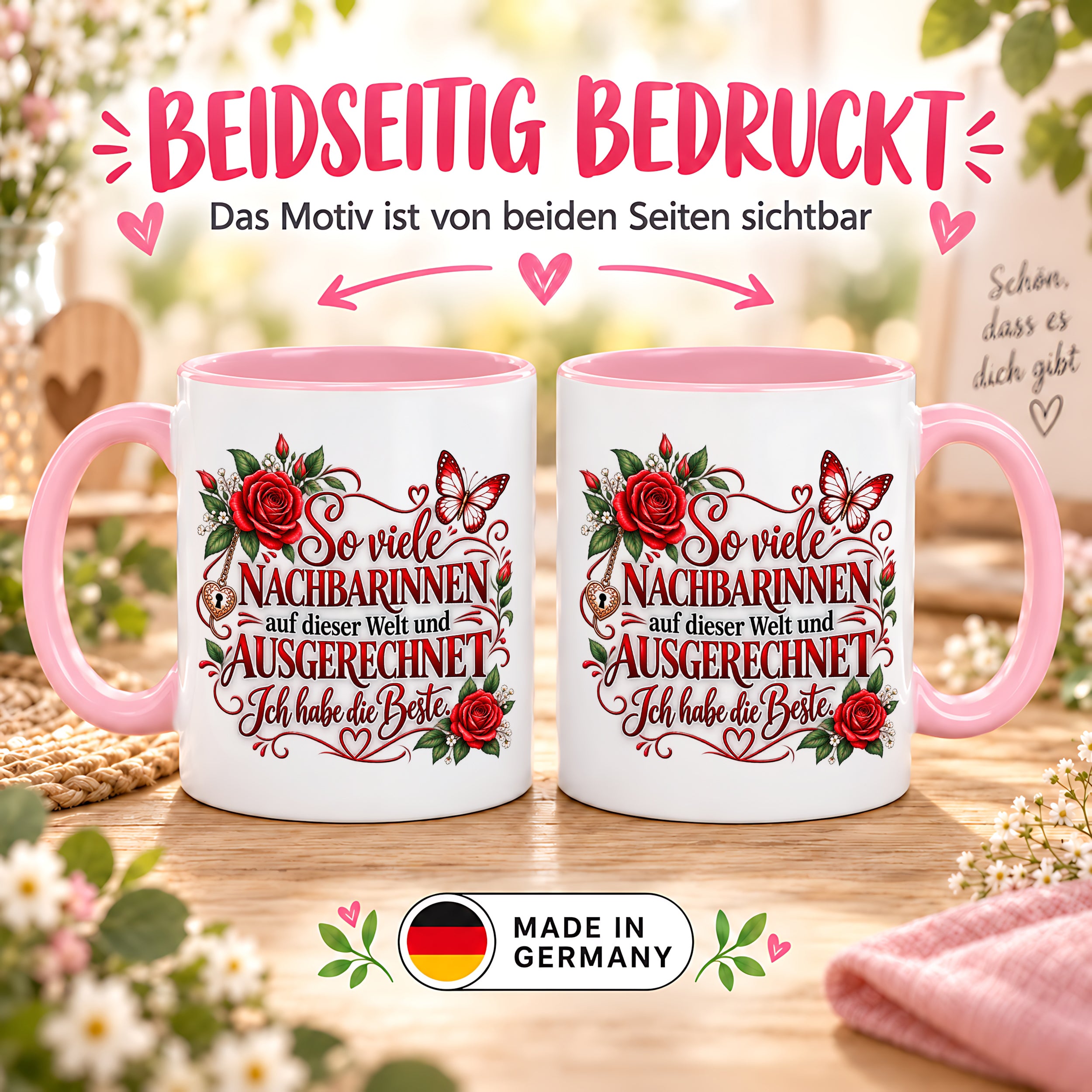 Herzbotschaft Tasse Nachbarin – So viele Nachbarinnen auf dieser Welt und ausgerechnet ich habe die Beste – liebevolles Geschenk für Nachbarin, Dankeschön, Geburtstag, Weihnachten, Einzug oder Abschied – 330 ml Keramiktasse