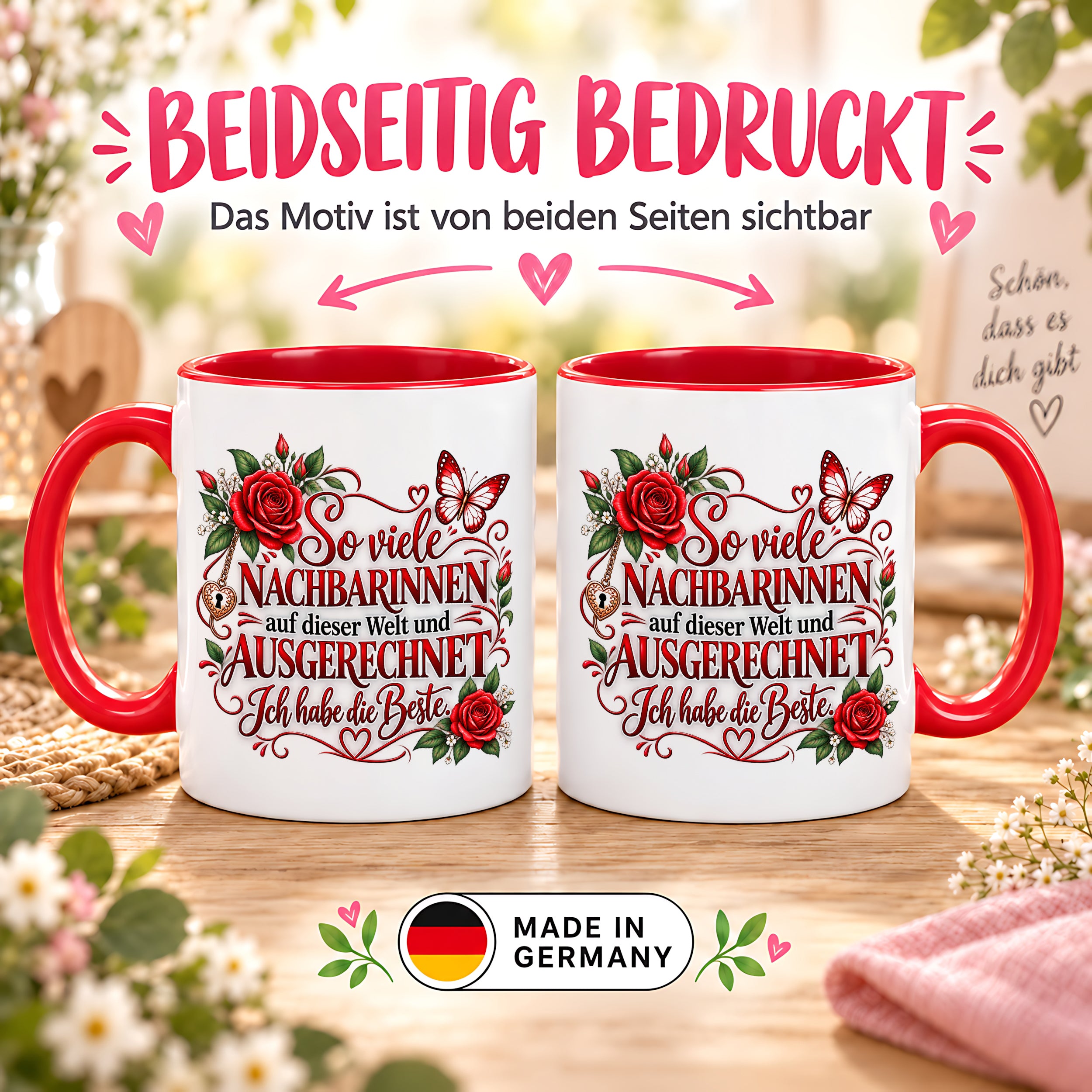 Herzbotschaft Tasse Nachbarin – So viele Nachbarinnen auf dieser Welt und ausgerechnet ich habe die Beste – liebevolles Geschenk für Nachbarin, Dankeschön, Geburtstag, Weihnachten, Einzug oder Abschied – 330 ml Keramiktasse