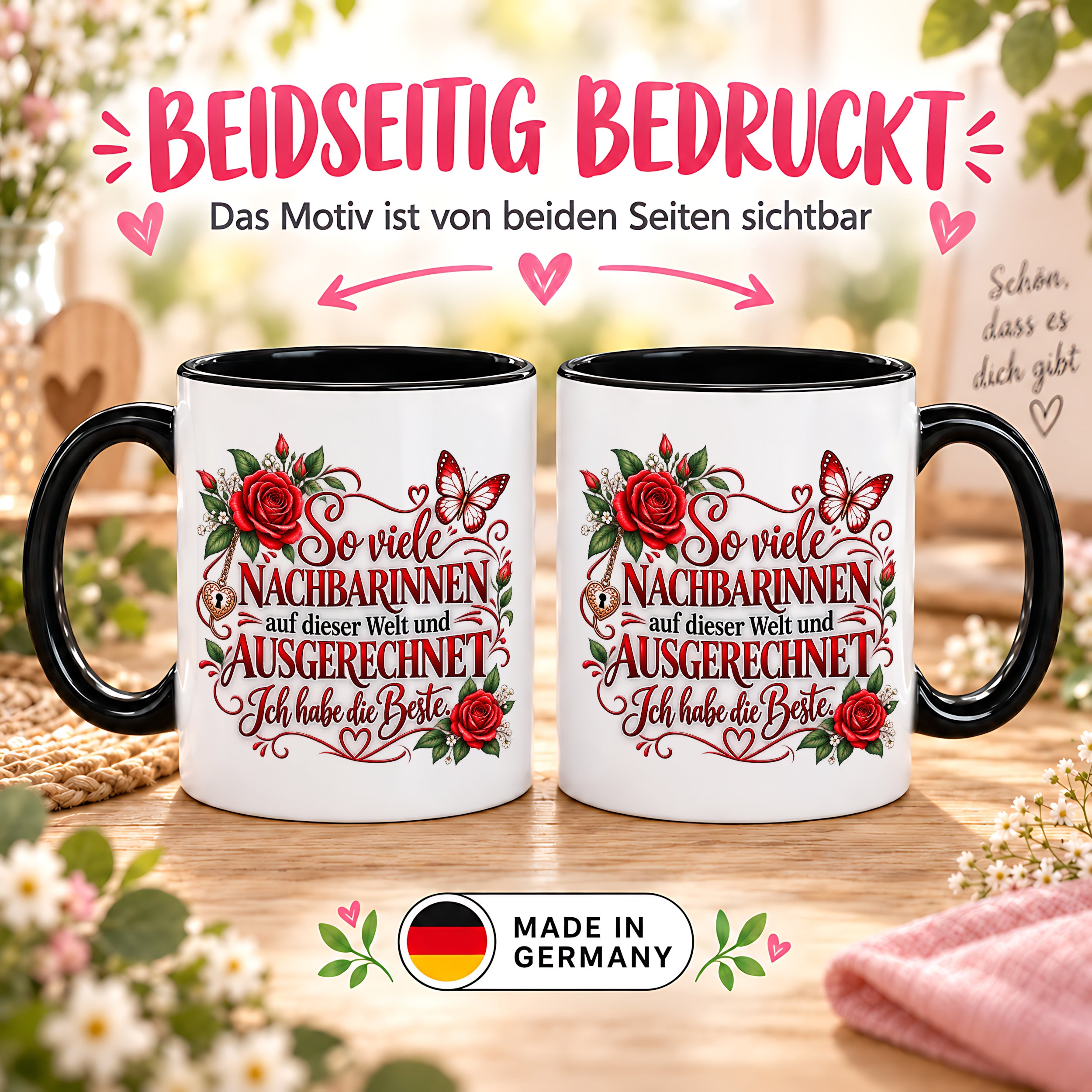Herzbotschaft Tasse Nachbarin – So viele Nachbarinnen auf dieser Welt und ausgerechnet ich habe die Beste – liebevolles Geschenk für Nachbarin, Dankeschön, Geburtstag, Weihnachten, Einzug oder Abschied – 330 ml Keramiktasse