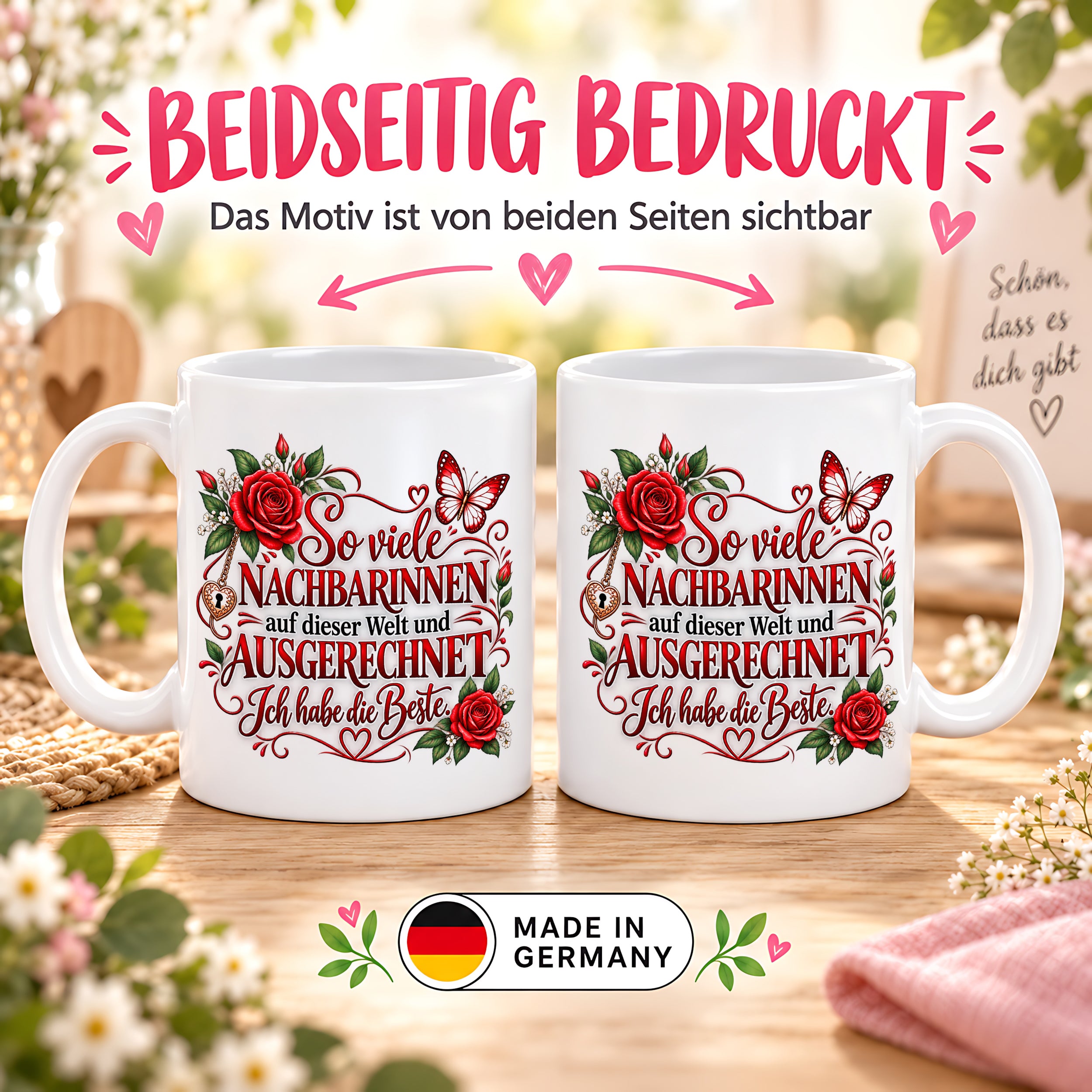 Herzbotschaft Tasse Nachbarin – So viele Nachbarinnen auf dieser Welt und ausgerechnet ich habe die Beste – liebevolles Geschenk für Nachbarin, Dankeschön, Geburtstag, Weihnachten, Einzug oder Abschied – 330 ml Keramiktasse