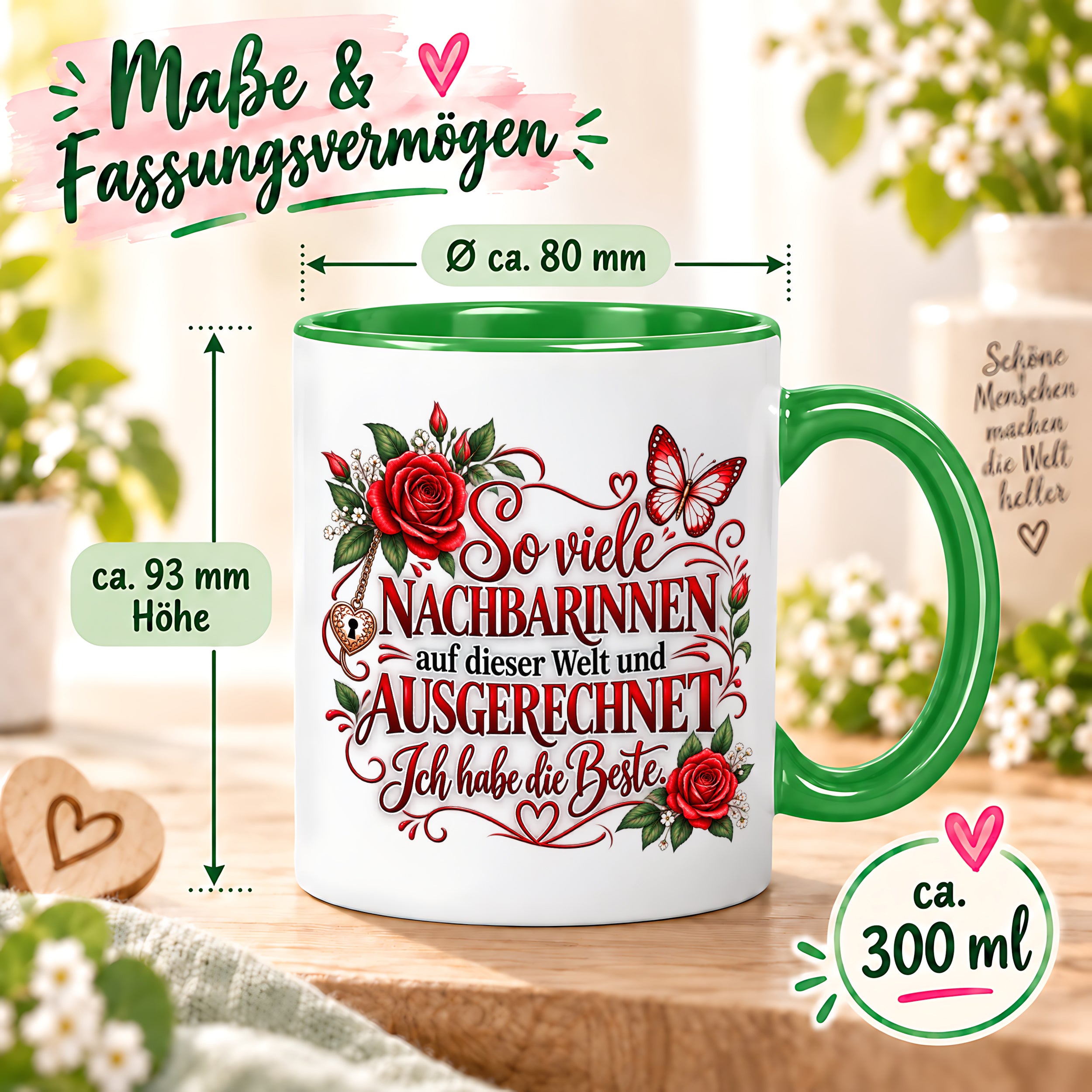 Herzbotschaft Tasse Nachbarin – So viele Nachbarinnen auf dieser Welt und ausgerechnet ich habe die Beste – liebevolles Geschenk für Nachbarin, Dankeschön, Geburtstag, Weihnachten, Einzug oder Abschied – 330 ml Keramiktasse