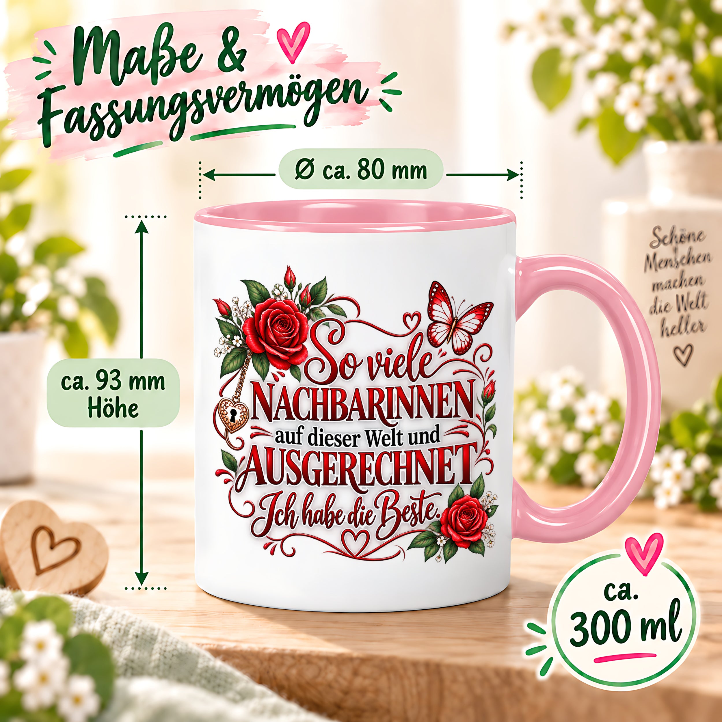Herzbotschaft Tasse Nachbarin – So viele Nachbarinnen auf dieser Welt und ausgerechnet ich habe die Beste – liebevolles Geschenk für Nachbarin, Dankeschön, Geburtstag, Weihnachten, Einzug oder Abschied – 330 ml Keramiktasse