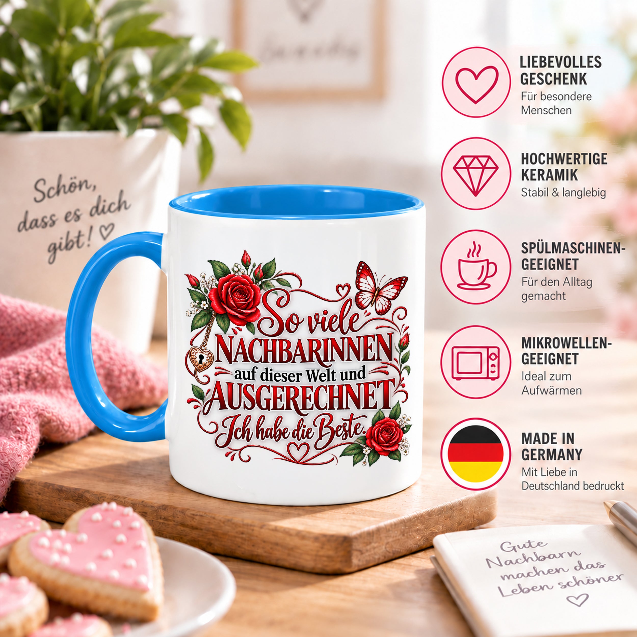 Herzbotschaft Tasse Nachbarin – So viele Nachbarinnen auf dieser Welt und ausgerechnet ich habe die Beste – liebevolles Geschenk für Nachbarin, Dankeschön, Geburtstag, Weihnachten, Einzug oder Abschied – 330 ml Keramiktasse