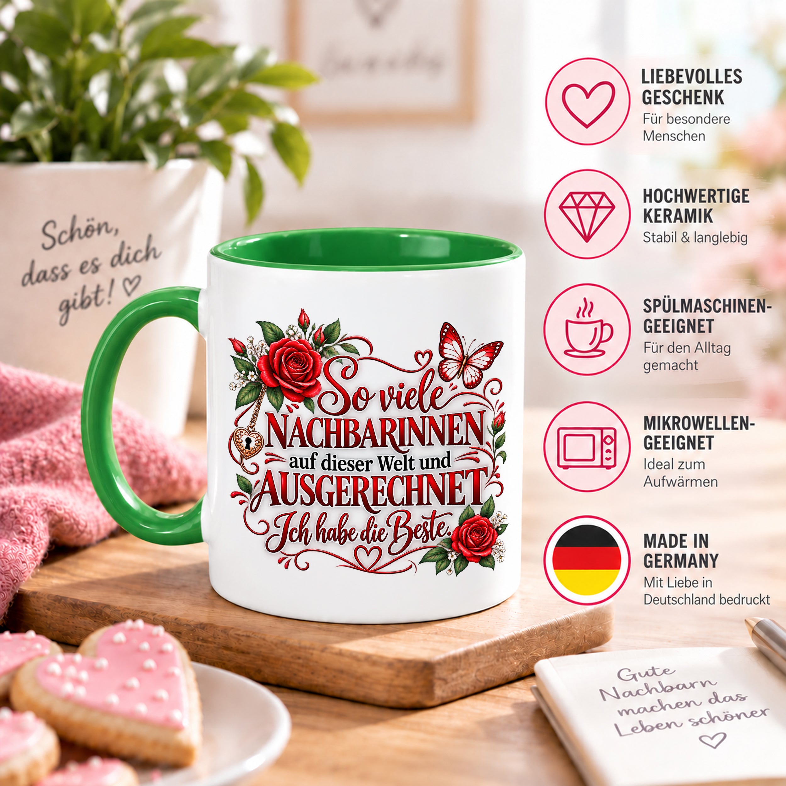 Herzbotschaft Tasse Nachbarin – So viele Nachbarinnen auf dieser Welt und ausgerechnet ich habe die Beste – liebevolles Geschenk für Nachbarin, Dankeschön, Geburtstag, Weihnachten, Einzug oder Abschied – 330 ml Keramiktasse