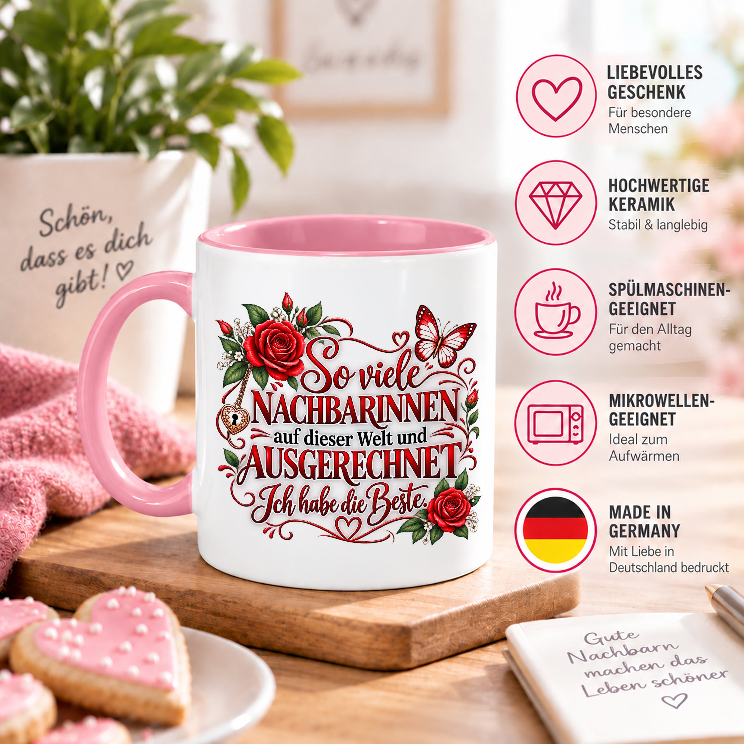 Herzbotschaft Tasse Nachbarin – So viele Nachbarinnen auf dieser Welt und ausgerechnet ich habe die Beste – liebevolles Geschenk für Nachbarin, Dankeschön, Geburtstag, Weihnachten, Einzug oder Abschied – 330 ml Keramiktasse
