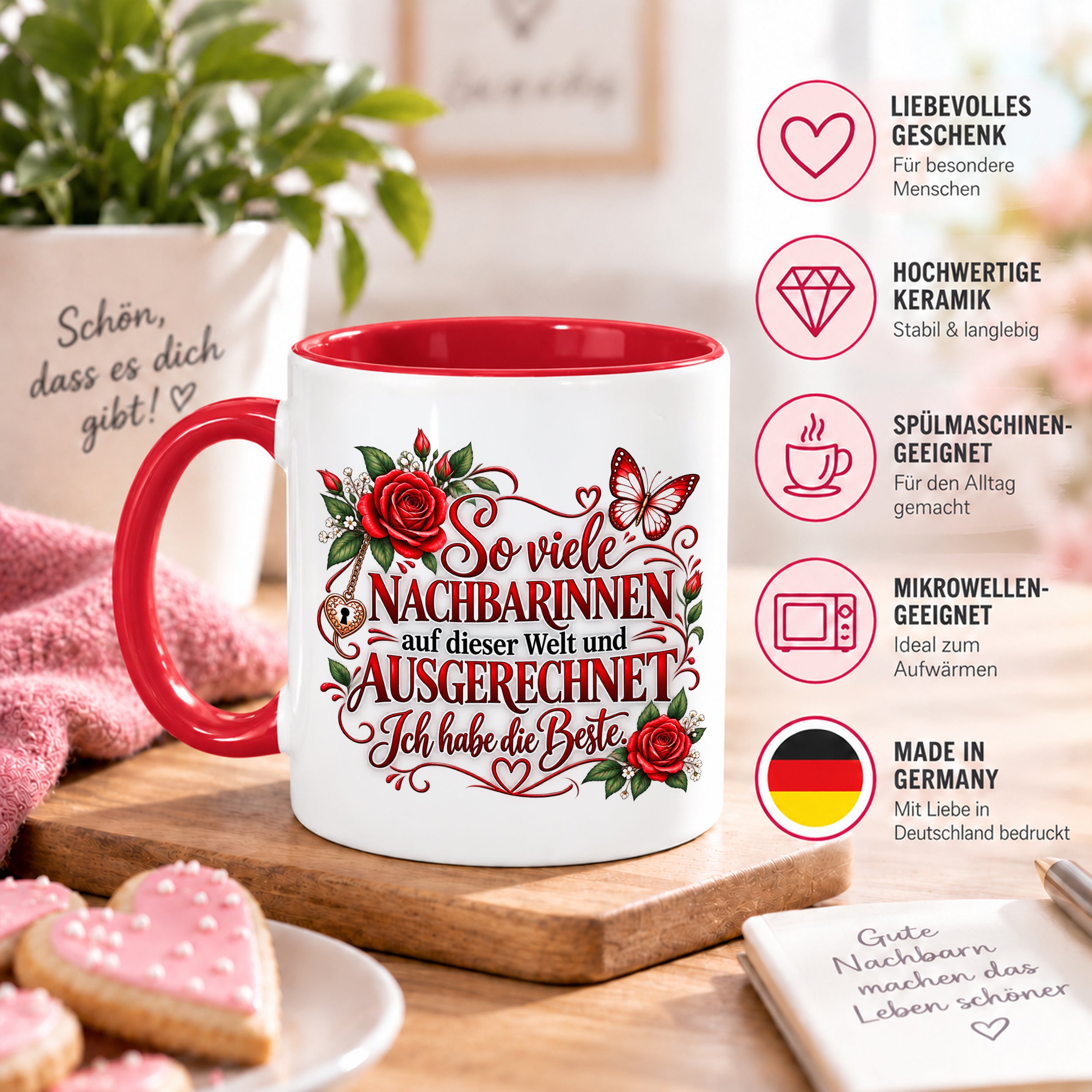 Herzbotschaft Tasse Nachbarin – So viele Nachbarinnen auf dieser Welt und ausgerechnet ich habe die Beste – liebevolles Geschenk für Nachbarin, Dankeschön, Geburtstag, Weihnachten, Einzug oder Abschied – 330 ml Keramiktasse