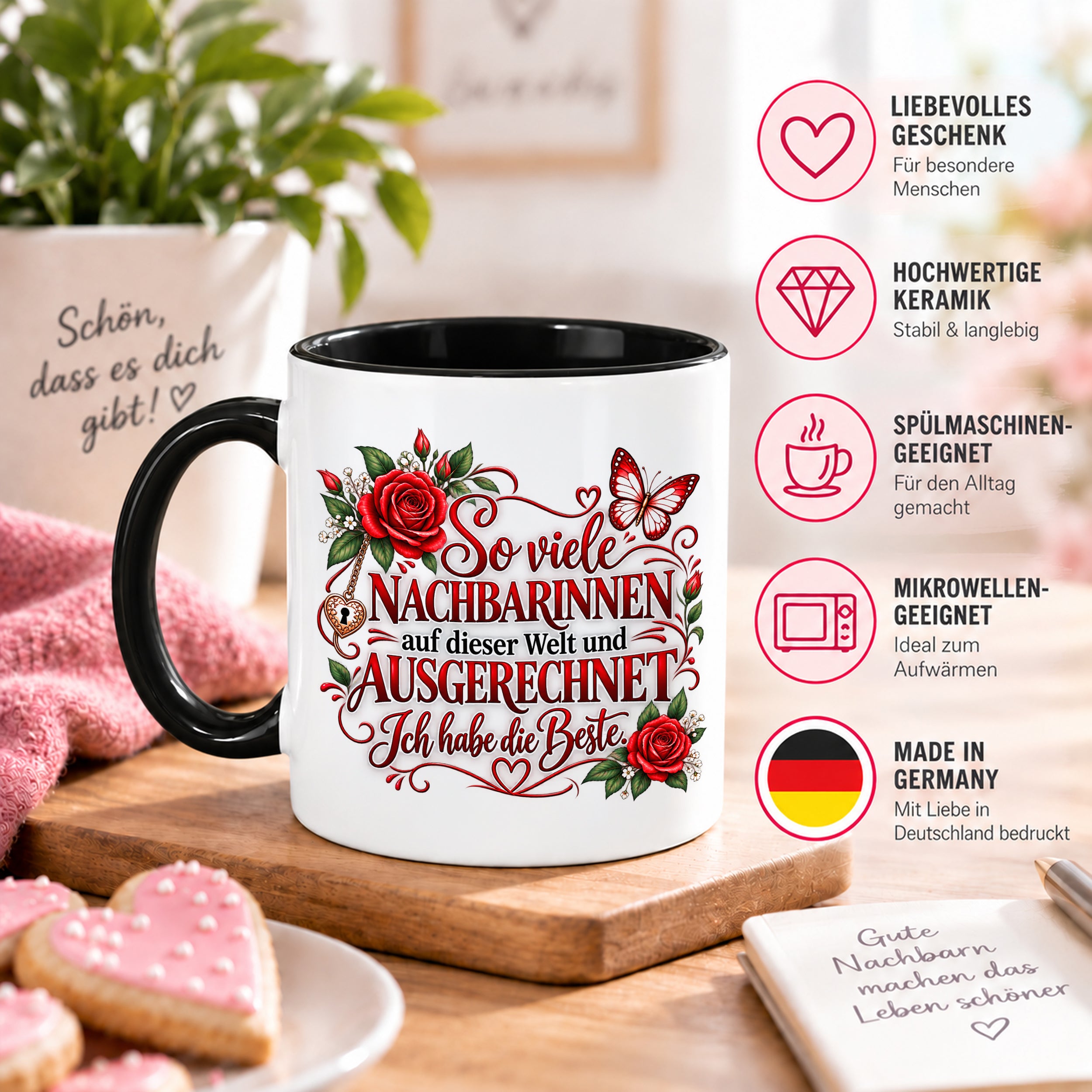 Herzbotschaft Tasse Nachbarin – So viele Nachbarinnen auf dieser Welt und ausgerechnet ich habe die Beste – liebevolles Geschenk für Nachbarin, Dankeschön, Geburtstag, Weihnachten, Einzug oder Abschied – 330 ml Keramiktasse