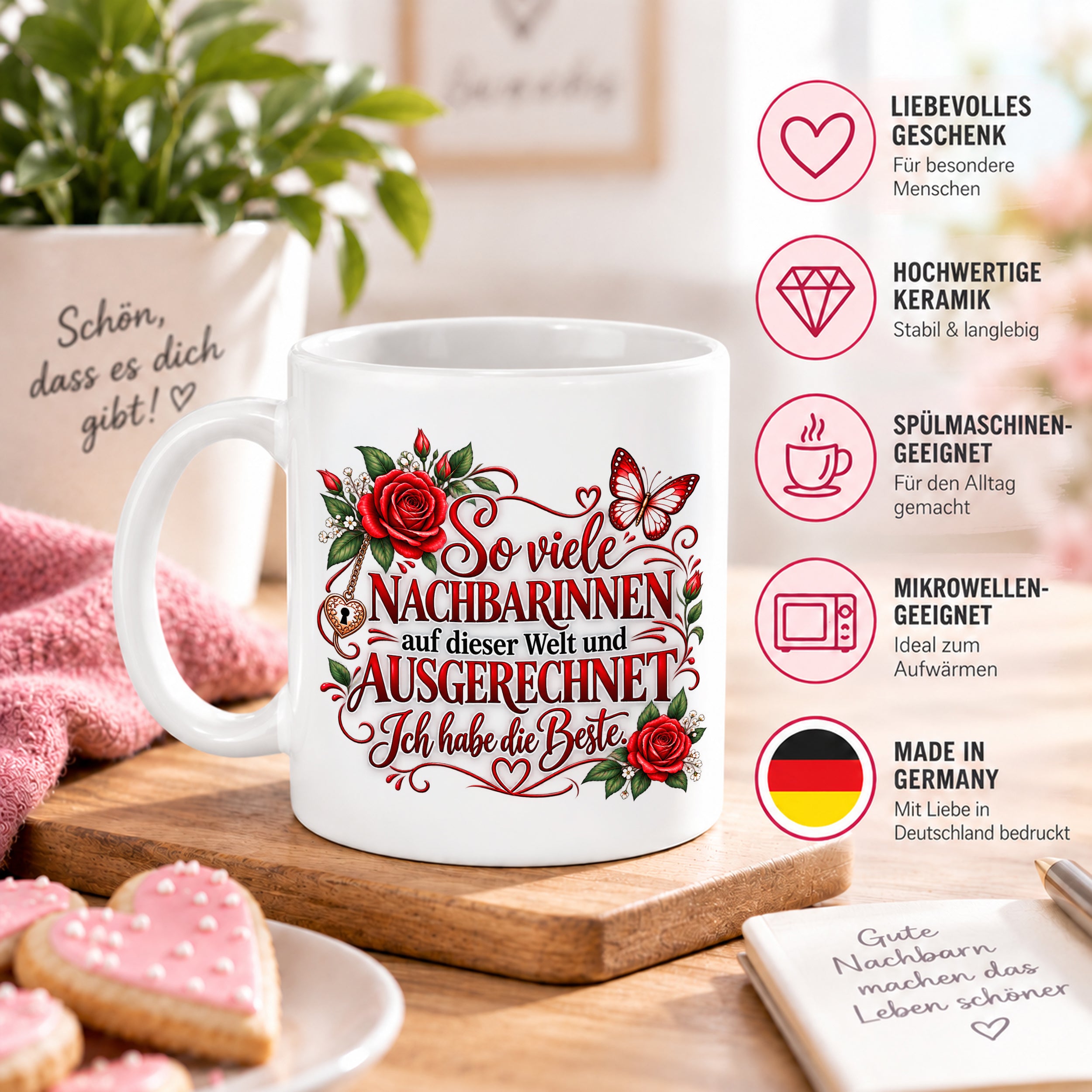 Herzbotschaft Tasse Nachbarin – So viele Nachbarinnen auf dieser Welt und ausgerechnet ich habe die Beste – liebevolles Geschenk für Nachbarin, Dankeschön, Geburtstag, Weihnachten, Einzug oder Abschied – 330 ml Keramiktasse
