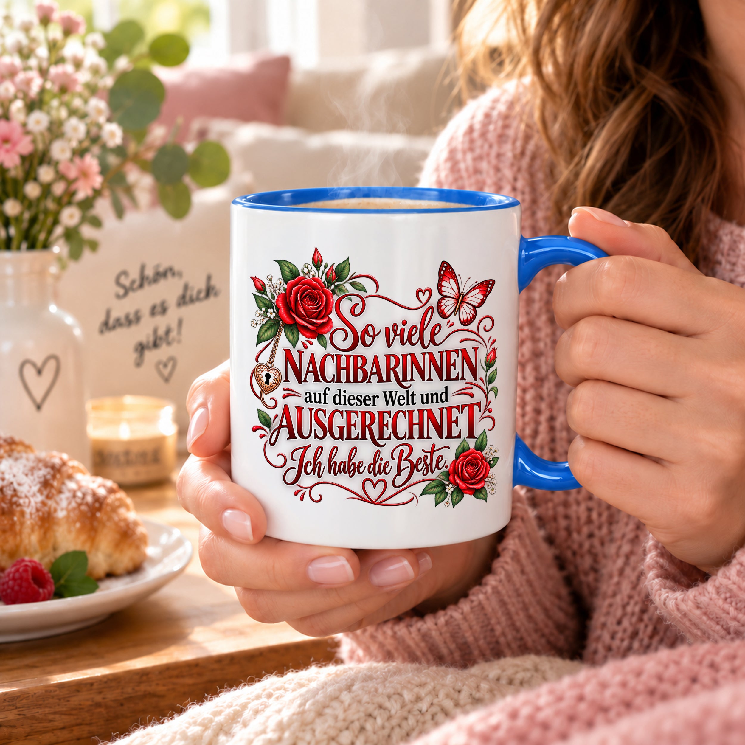 Herzbotschaft Tasse Nachbarin – So viele Nachbarinnen auf dieser Welt und ausgerechnet ich habe die Beste – liebevolles Geschenk für Nachbarin, Dankeschön, Geburtstag, Weihnachten, Einzug oder Abschied – 330 ml Keramiktasse