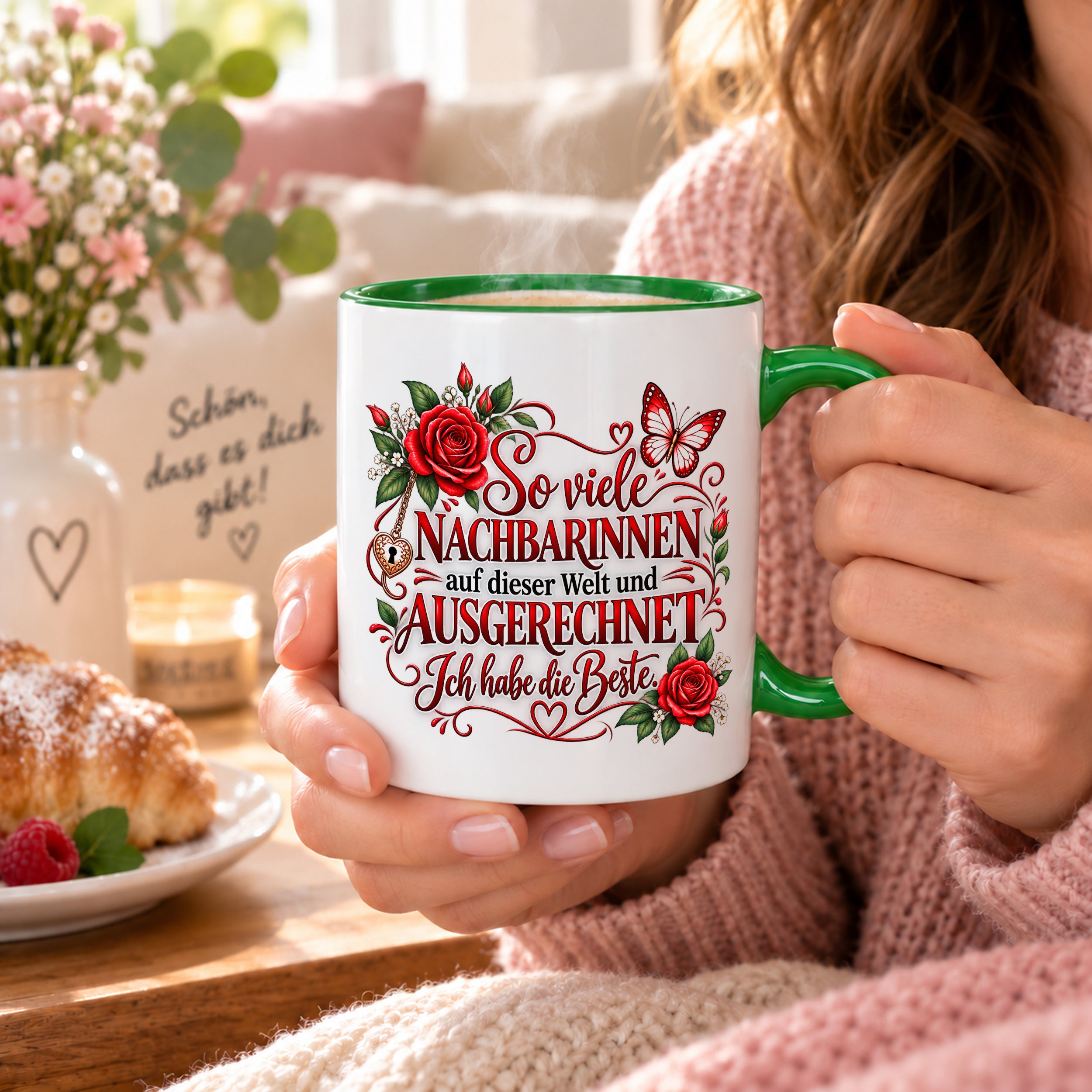 Herzbotschaft Tasse Nachbarin – So viele Nachbarinnen auf dieser Welt und ausgerechnet ich habe die Beste – liebevolles Geschenk für Nachbarin, Dankeschön, Geburtstag, Weihnachten, Einzug oder Abschied – 330 ml Keramiktasse