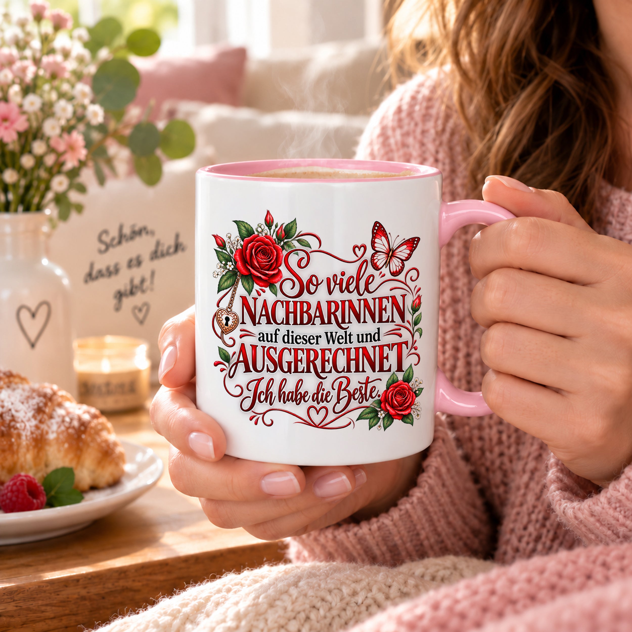 Herzbotschaft Tasse Nachbarin – So viele Nachbarinnen auf dieser Welt und ausgerechnet ich habe die Beste – liebevolles Geschenk für Nachbarin, Dankeschön, Geburtstag, Weihnachten, Einzug oder Abschied – 330 ml Keramiktasse