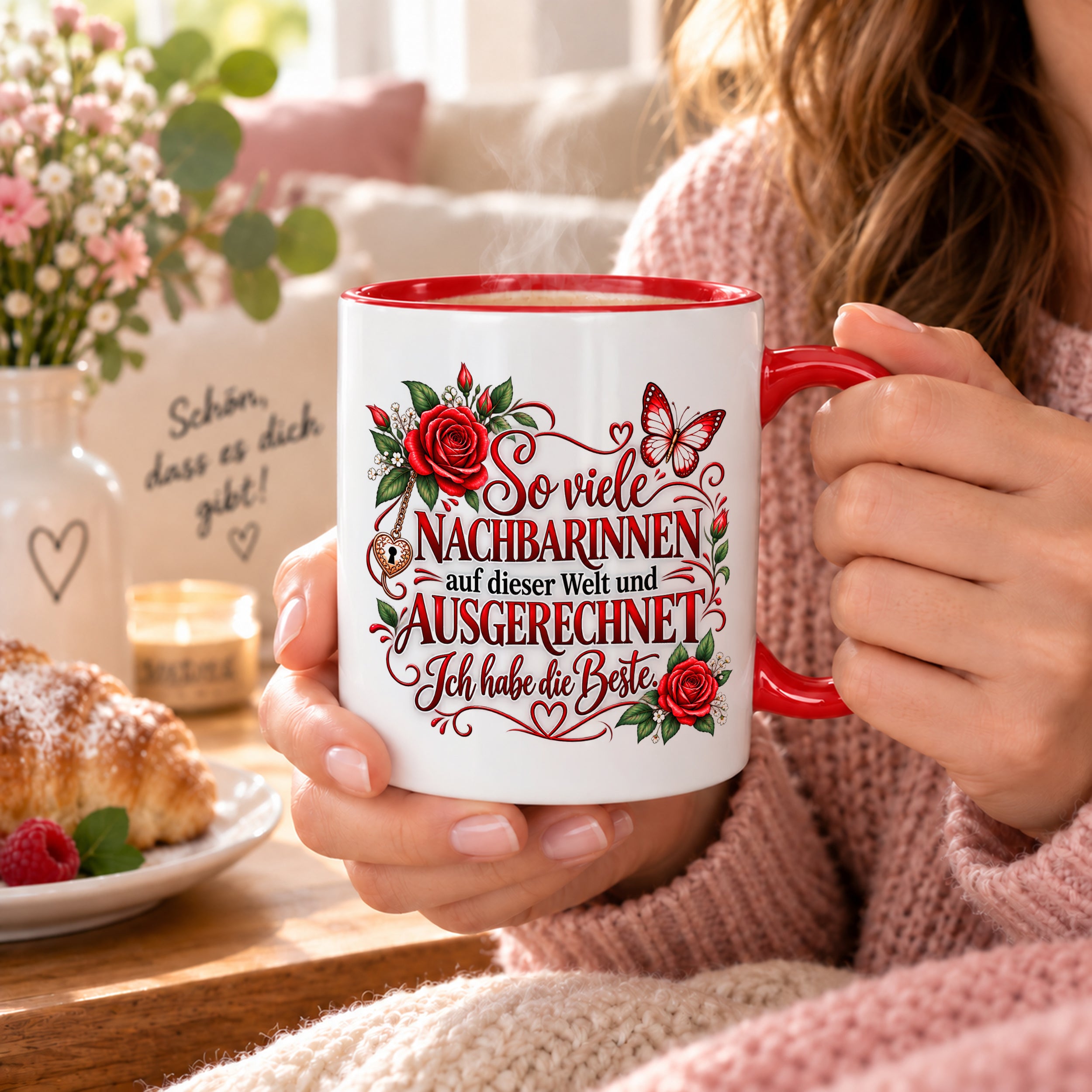 Herzbotschaft Tasse Nachbarin – So viele Nachbarinnen auf dieser Welt und ausgerechnet ich habe die Beste – liebevolles Geschenk für Nachbarin, Dankeschön, Geburtstag, Weihnachten, Einzug oder Abschied – 330 ml Keramiktasse