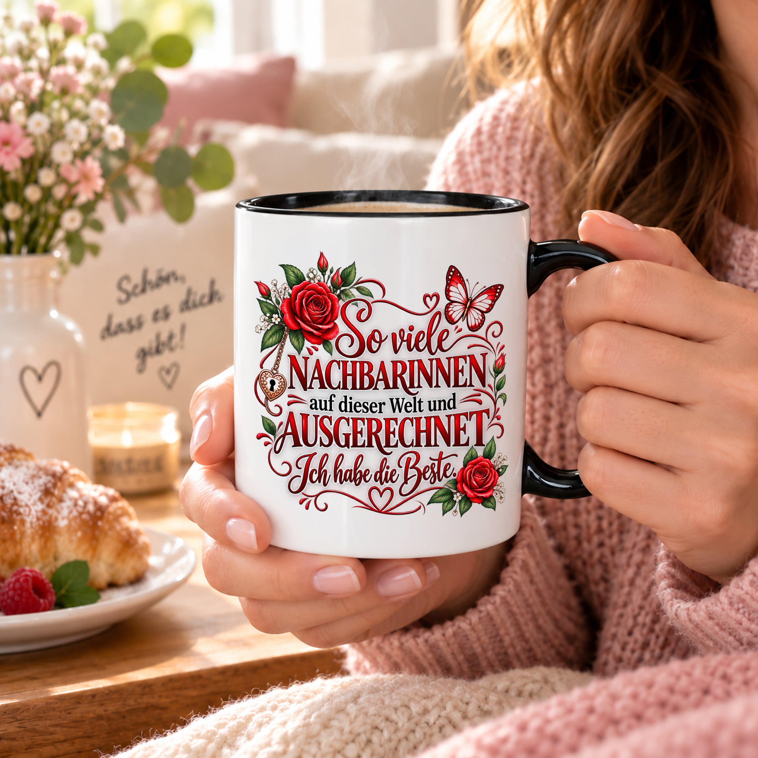 Herzbotschaft Tasse Nachbarin – So viele Nachbarinnen auf dieser Welt und ausgerechnet ich habe die Beste – liebevolles Geschenk für Nachbarin, Dankeschön, Geburtstag, Weihnachten, Einzug oder Abschied – 330 ml Keramiktasse