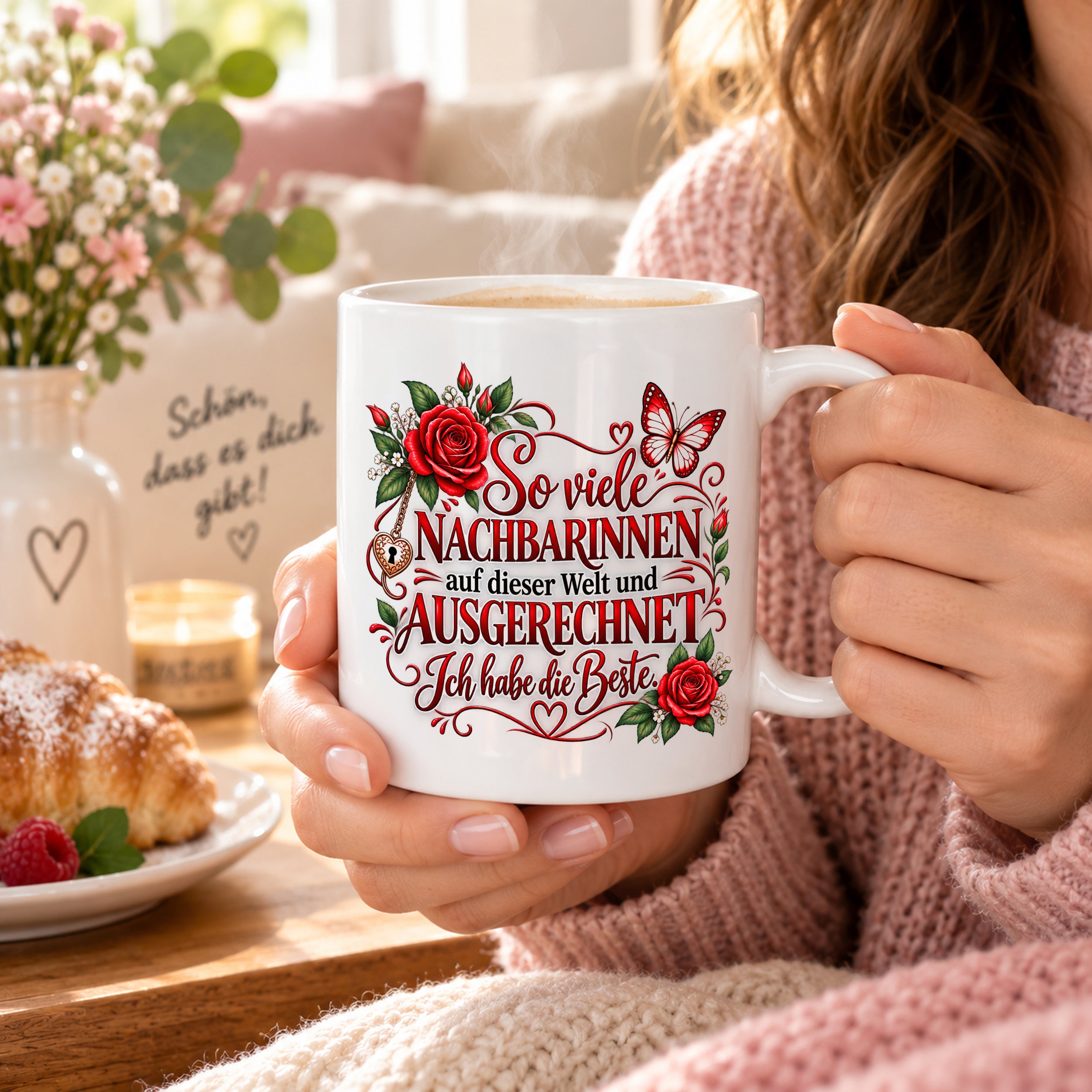 Herzbotschaft Tasse Nachbarin – So viele Nachbarinnen auf dieser Welt und ausgerechnet ich habe die Beste – liebevolles Geschenk für Nachbarin, Dankeschön, Geburtstag, Weihnachten, Einzug oder Abschied – 330 ml Keramiktasse