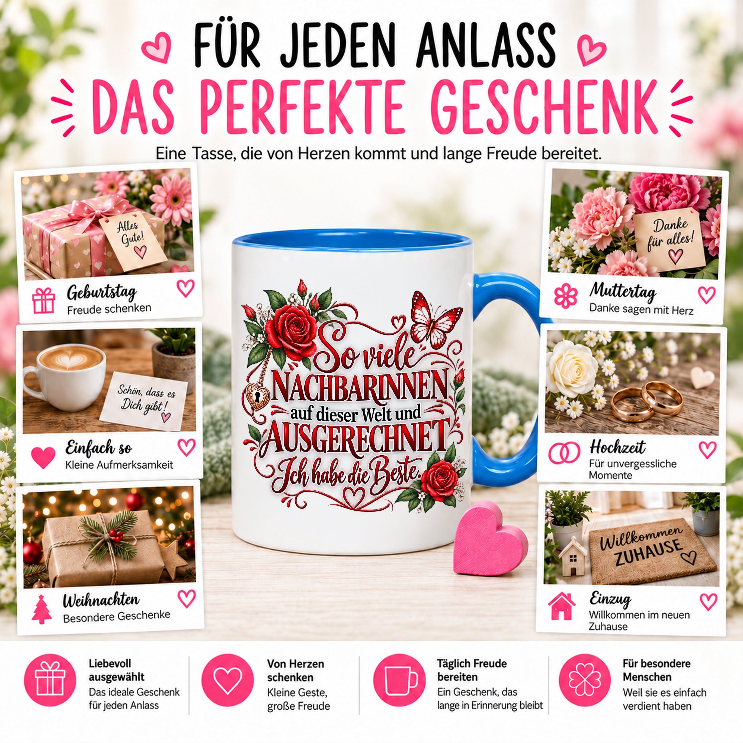 Herzbotschaft Tasse Nachbarin – So viele Nachbarinnen auf dieser Welt und ausgerechnet ich habe die Beste – liebevolles Geschenk für Nachbarin, Dankeschön, Geburtstag, Weihnachten, Einzug oder Abschied – 330 ml Keramiktasse