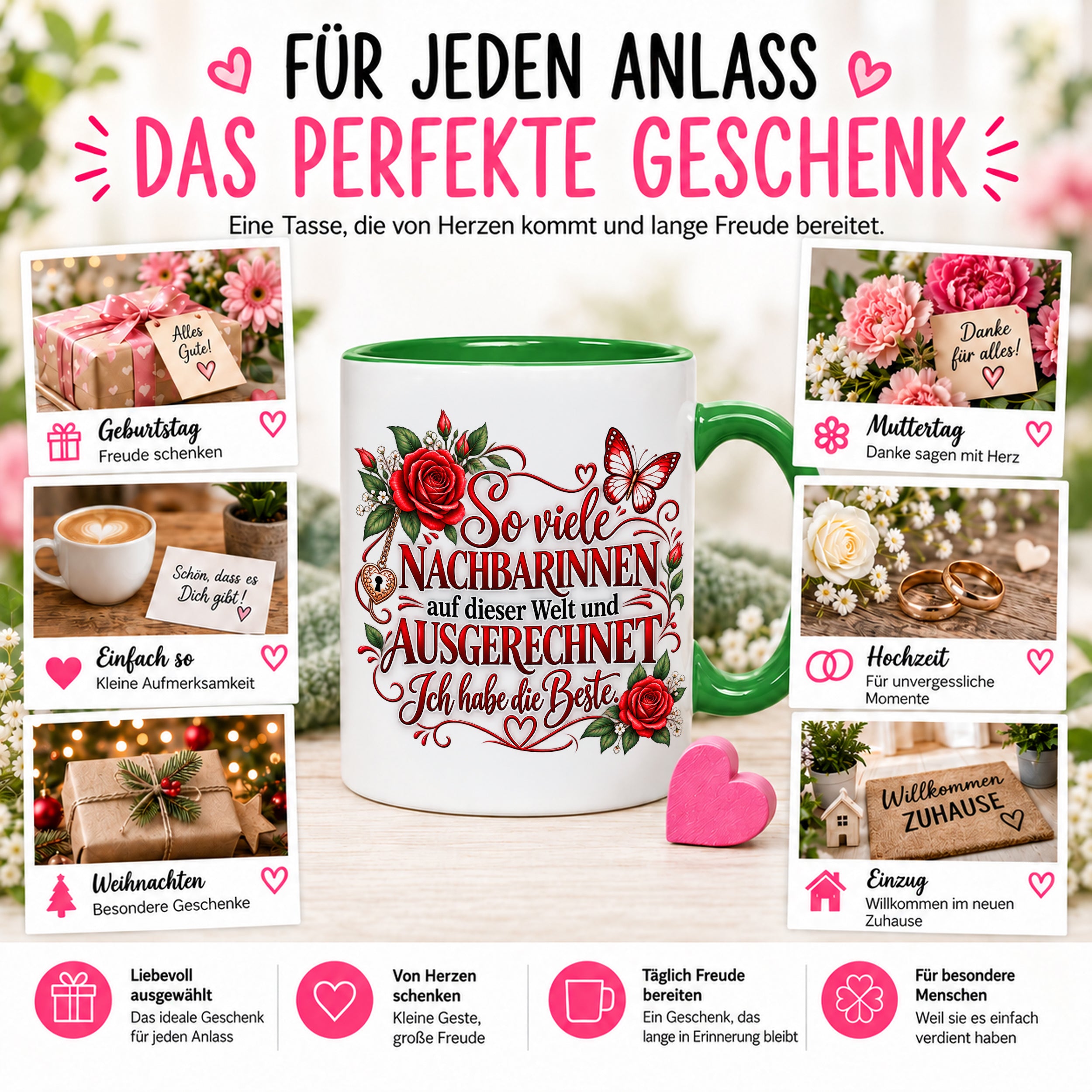 Herzbotschaft Tasse Nachbarin – So viele Nachbarinnen auf dieser Welt und ausgerechnet ich habe die Beste – liebevolles Geschenk für Nachbarin, Dankeschön, Geburtstag, Weihnachten, Einzug oder Abschied – 330 ml Keramiktasse