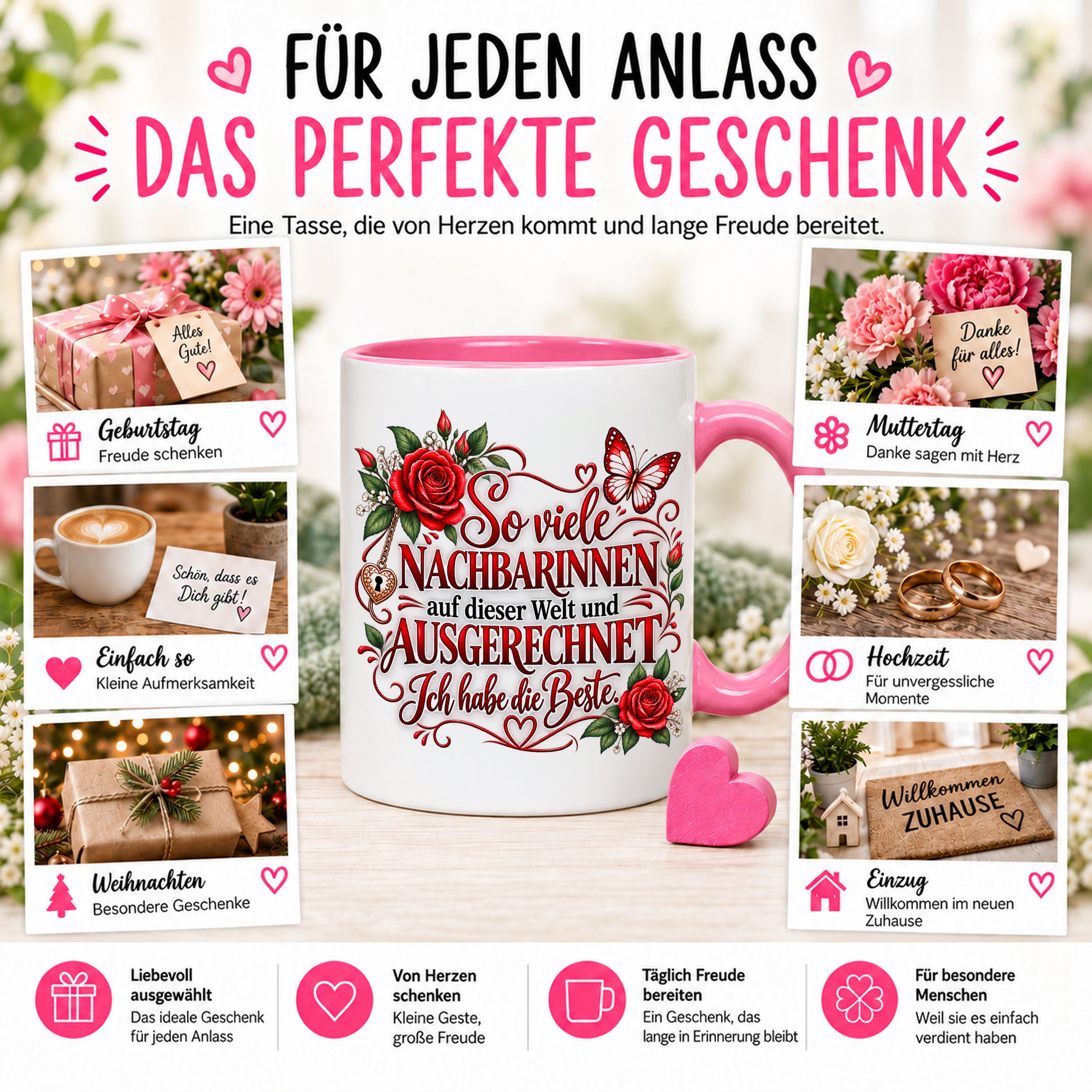Herzbotschaft Tasse Nachbarin – So viele Nachbarinnen auf dieser Welt und ausgerechnet ich habe die Beste – liebevolles Geschenk für Nachbarin, Dankeschön, Geburtstag, Weihnachten, Einzug oder Abschied – 330 ml Keramiktasse