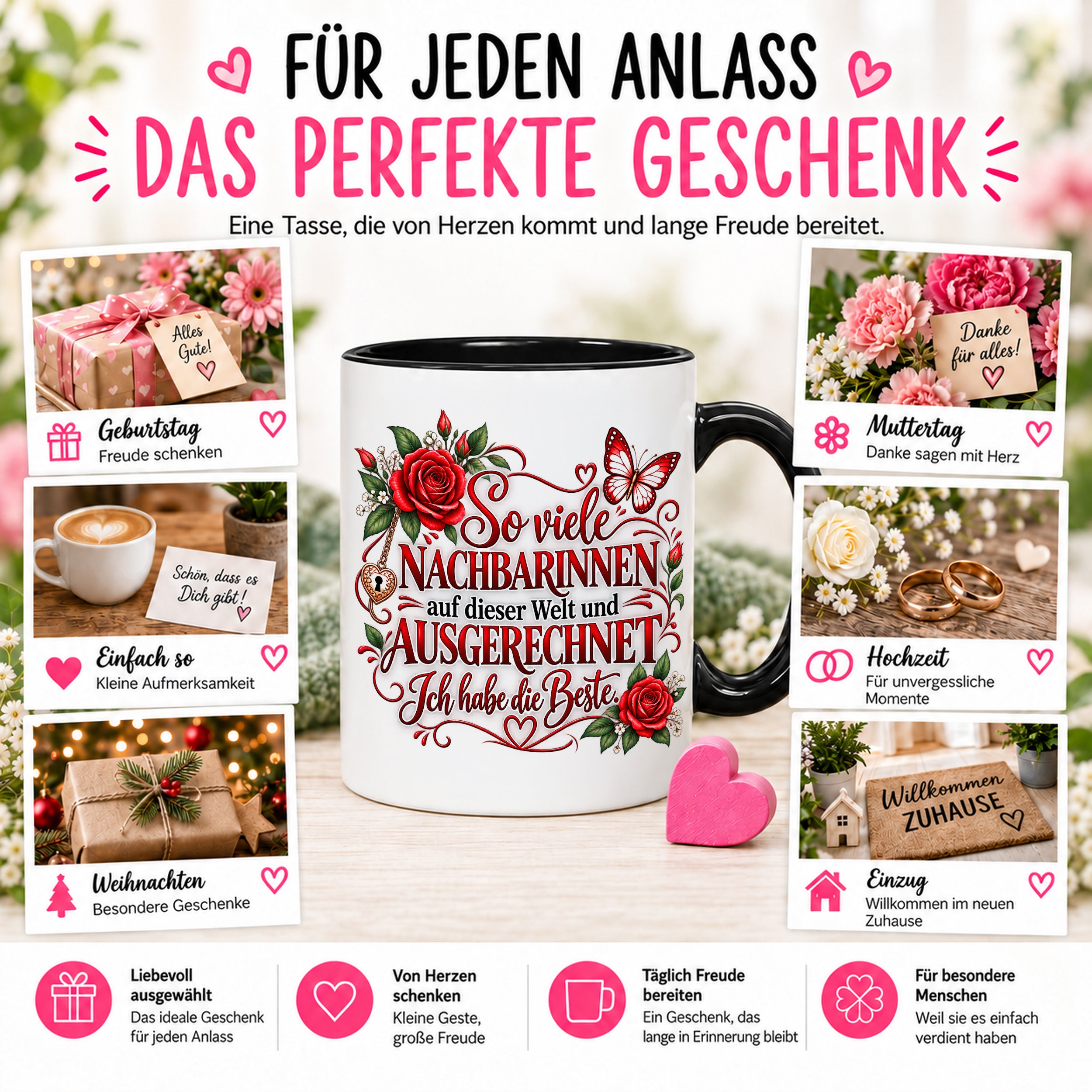 Herzbotschaft Tasse Nachbarin – So viele Nachbarinnen auf dieser Welt und ausgerechnet ich habe die Beste – liebevolles Geschenk für Nachbarin, Dankeschön, Geburtstag, Weihnachten, Einzug oder Abschied – 330 ml Keramiktasse