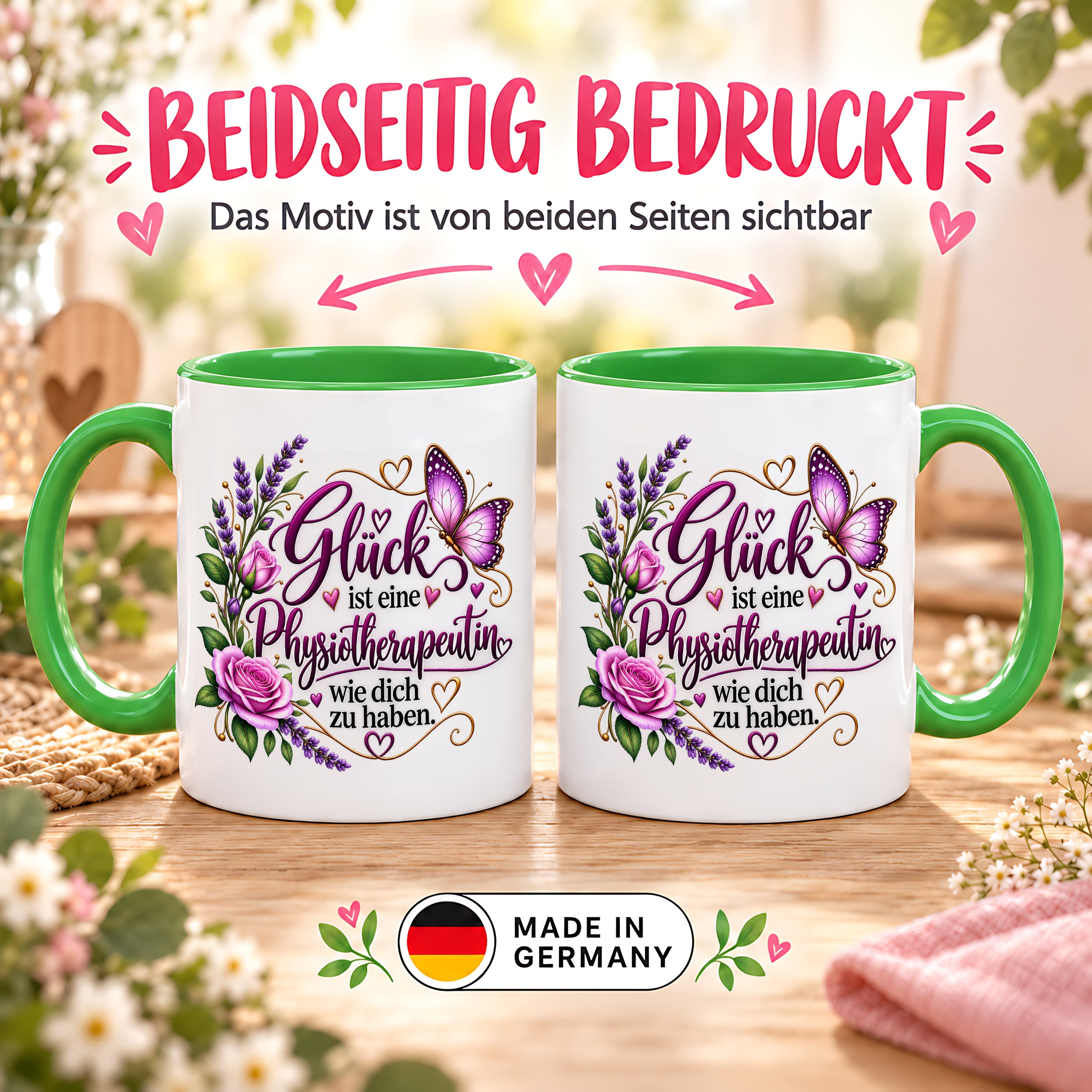 Herzbotschaft Tasse Physiotherapeutin – Glück ist eine Physiotherapeutin wie dich zu haben – liebevolles Geschenk für Physiotherapie, Physiotherapeutin, Praxis, Kollegin, Geburtstag, Weihnachten, Abschied oder Dankeschön – 330 ml Keramiktasse