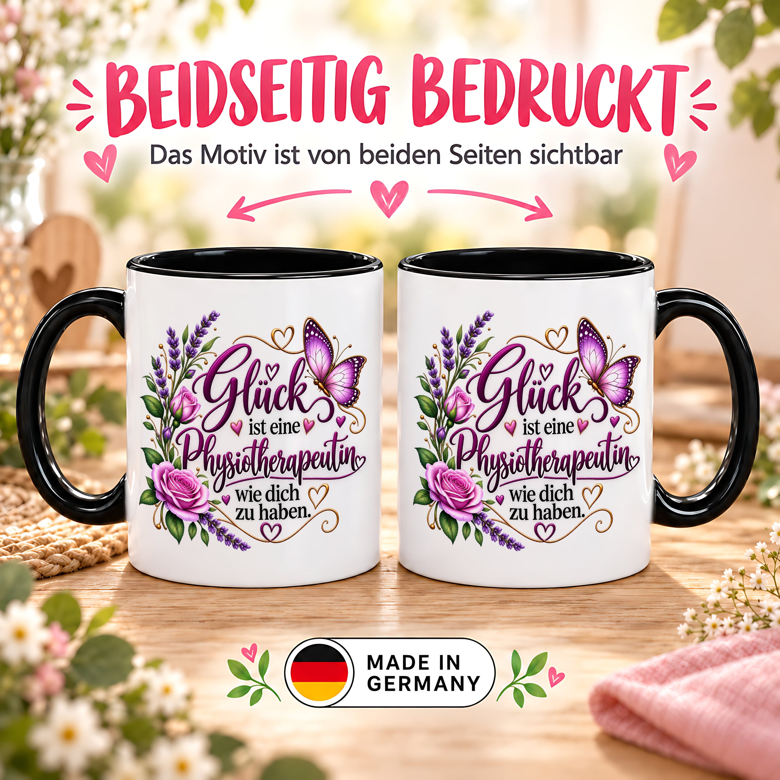 Herzbotschaft Tasse Physiotherapeutin – Glück ist eine Physiotherapeutin wie dich zu haben – liebevolles Geschenk für Physiotherapie, Physiotherapeutin, Praxis, Kollegin, Geburtstag, Weihnachten, Abschied oder Dankeschön – 330 ml Keramiktasse