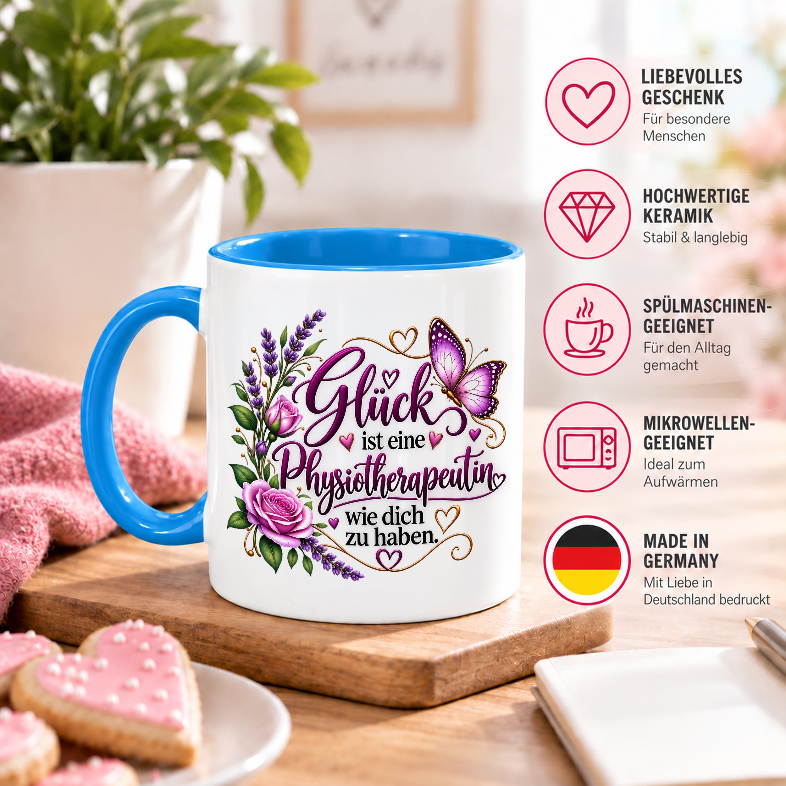 Herzbotschaft Tasse Physiotherapeutin – Glück ist eine Physiotherapeutin wie dich zu haben – liebevolles Geschenk für Physiotherapie, Physiotherapeutin, Praxis, Kollegin, Geburtstag, Weihnachten, Abschied oder Dankeschön – 330 ml Keramiktasse