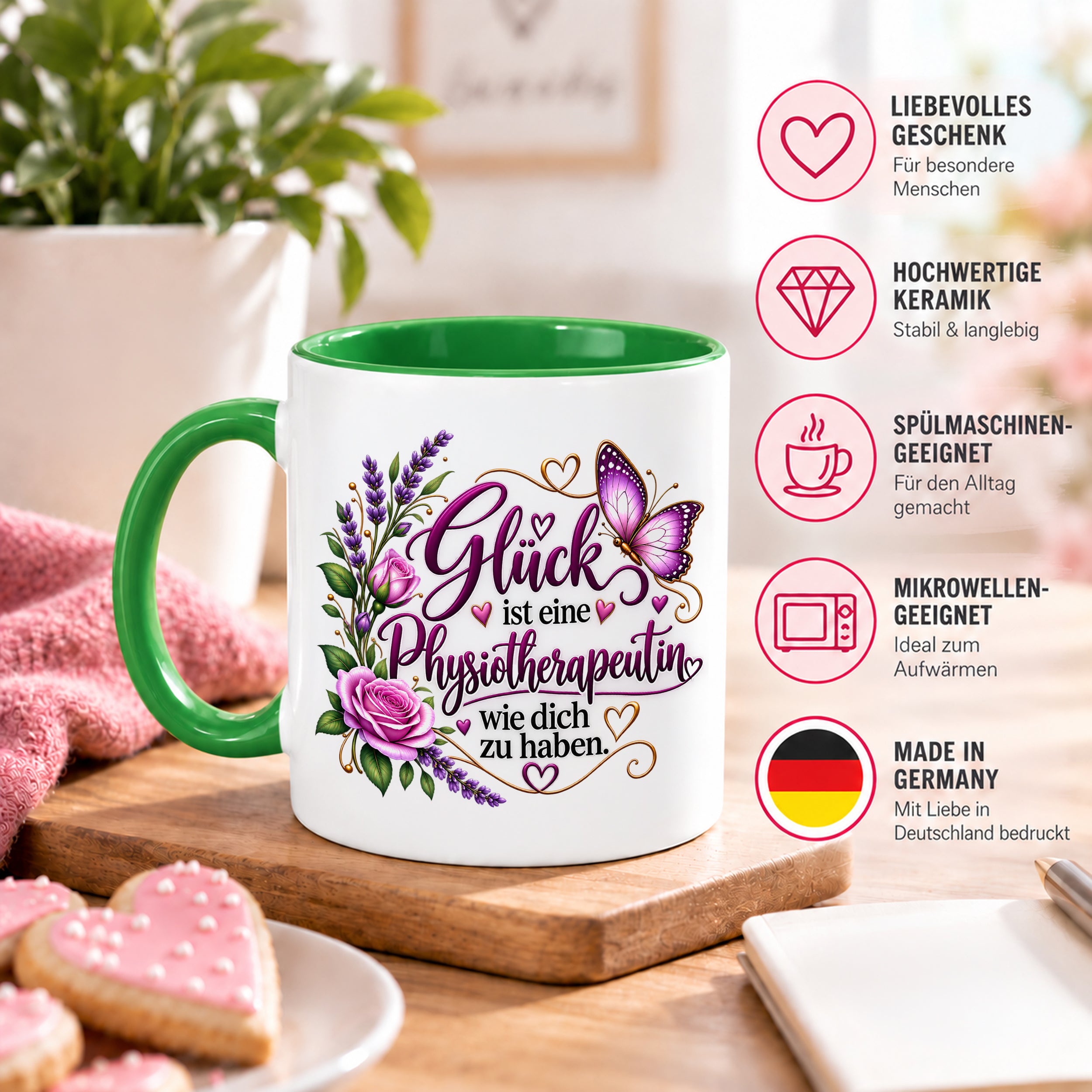 Herzbotschaft Tasse Physiotherapeutin – Glück ist eine Physiotherapeutin wie dich zu haben – liebevolles Geschenk für Physiotherapie, Physiotherapeutin, Praxis, Kollegin, Geburtstag, Weihnachten, Abschied oder Dankeschön – 330 ml Keramiktasse